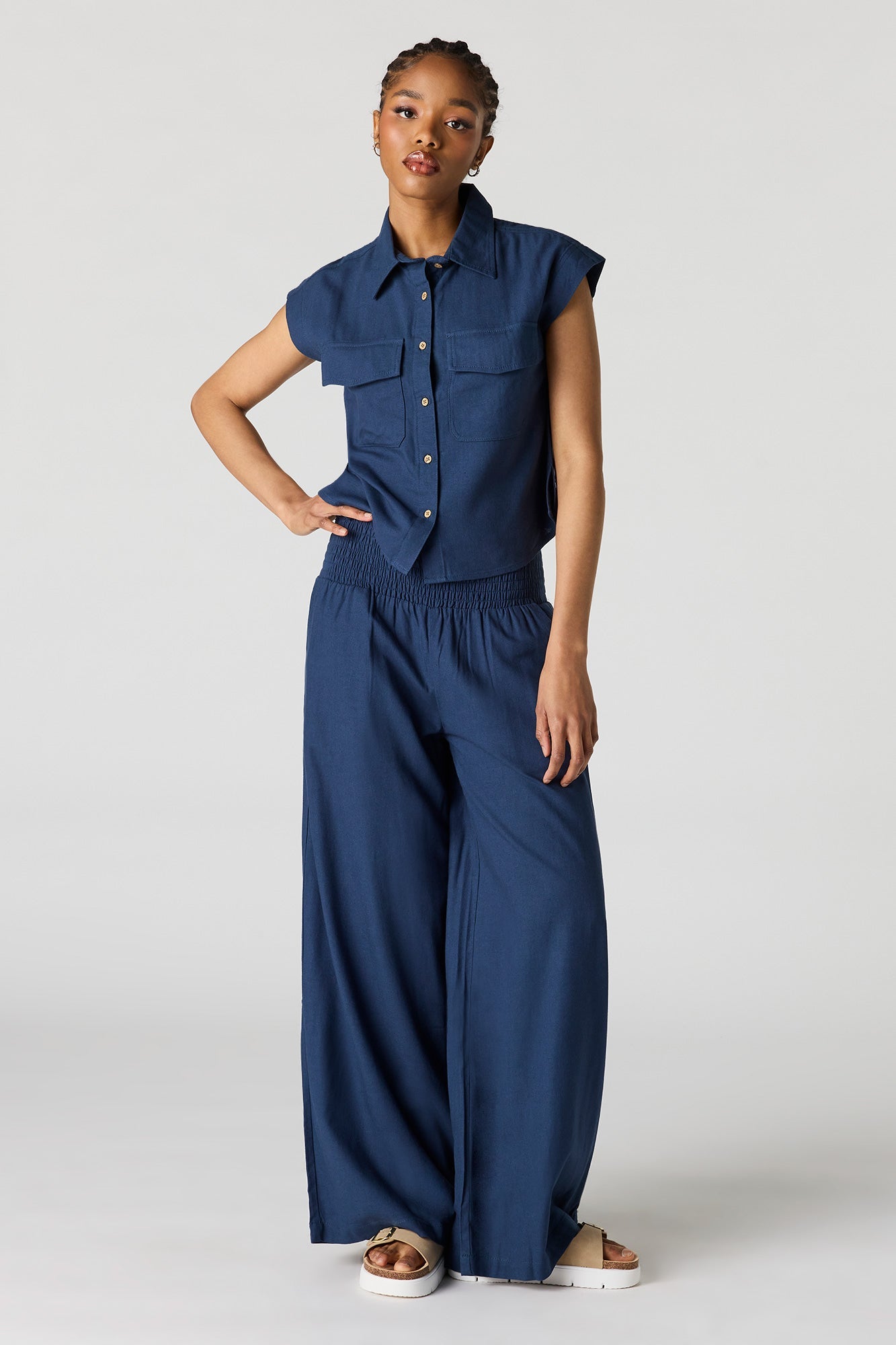 Linen-Blend Button-Up Collared Top