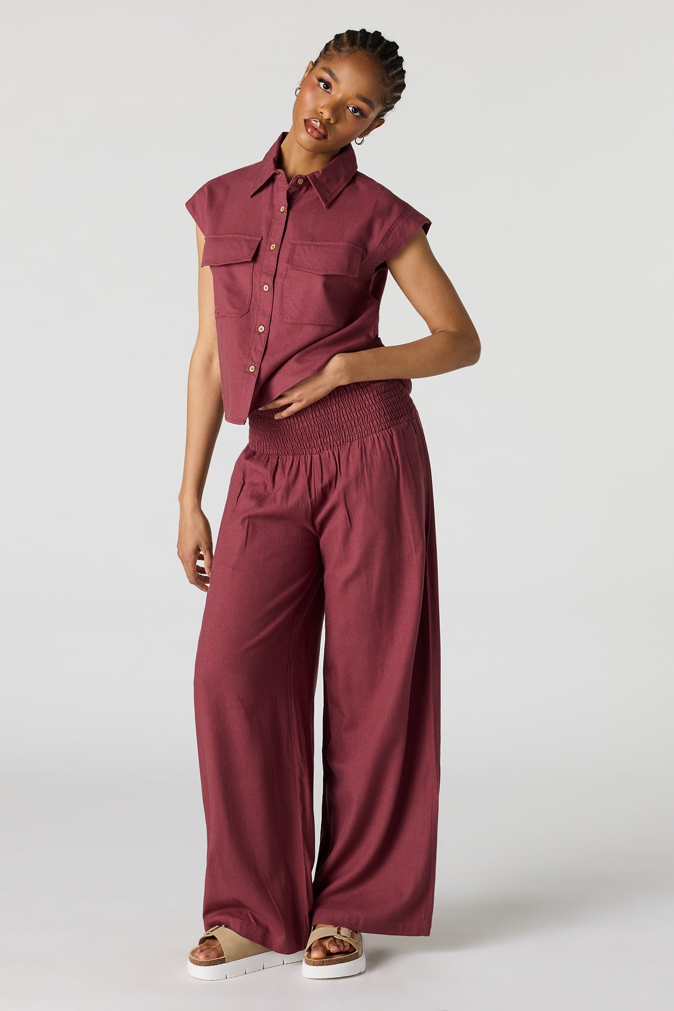 Linen-Blend Button-Up Collared Top