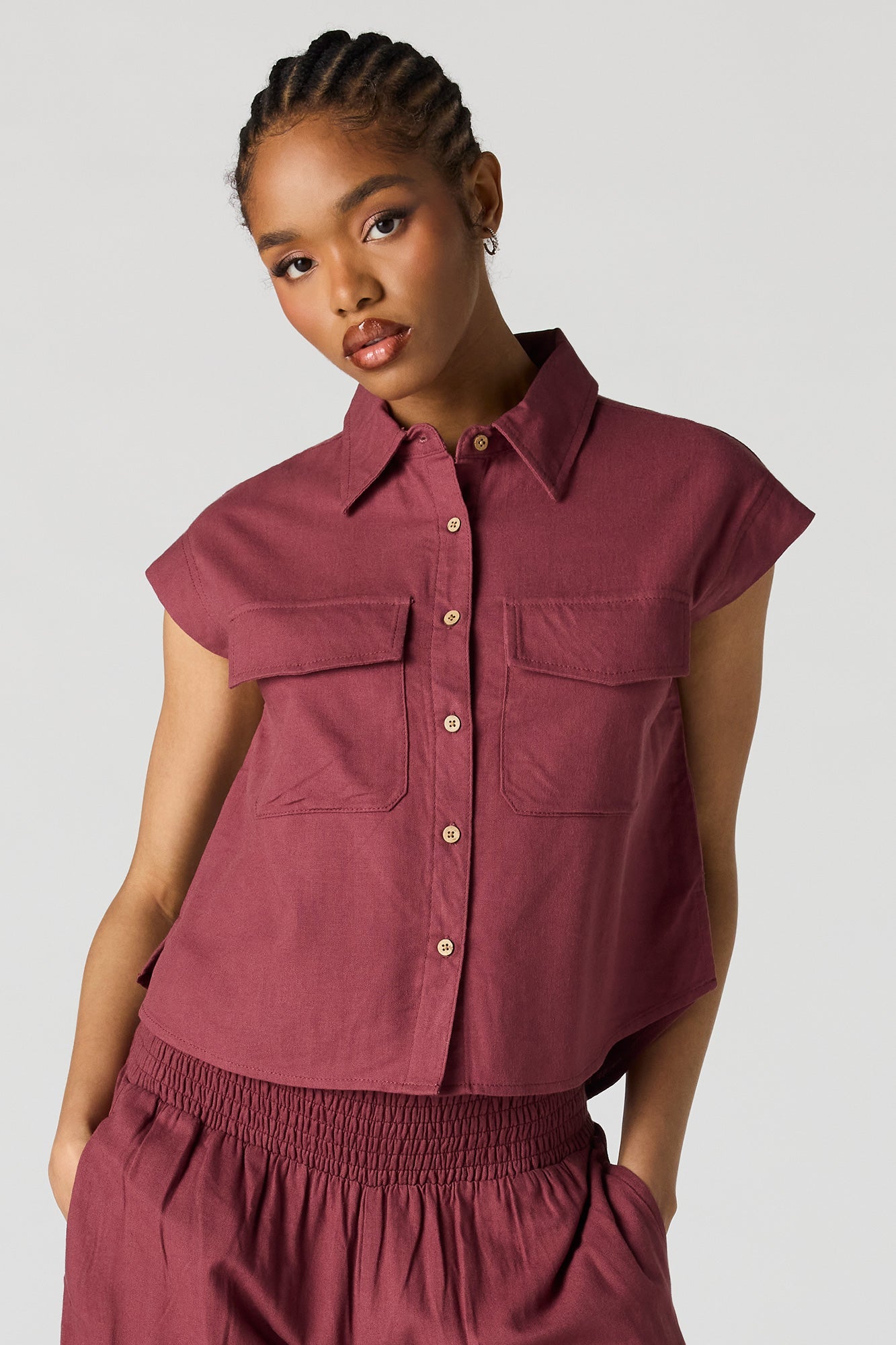 Linen-Blend Button-Up Collared Top