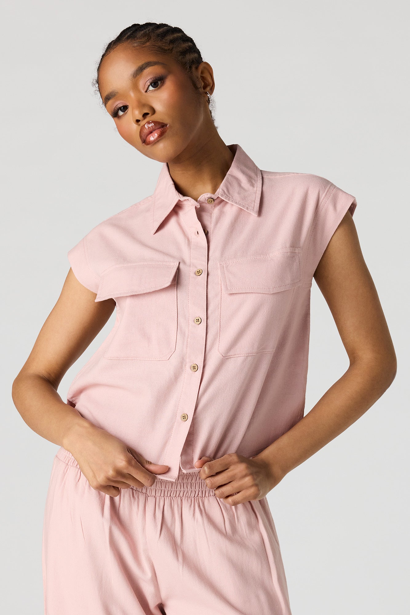 Linen-Blend Button-Up Collared Top