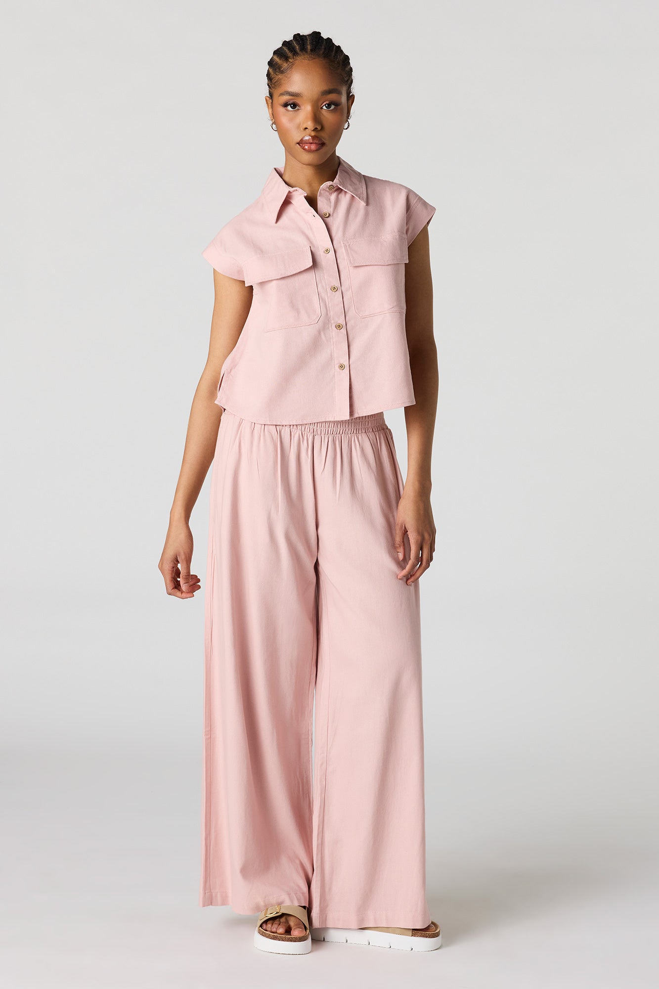 Linen-Blend Button-Up Collared Top