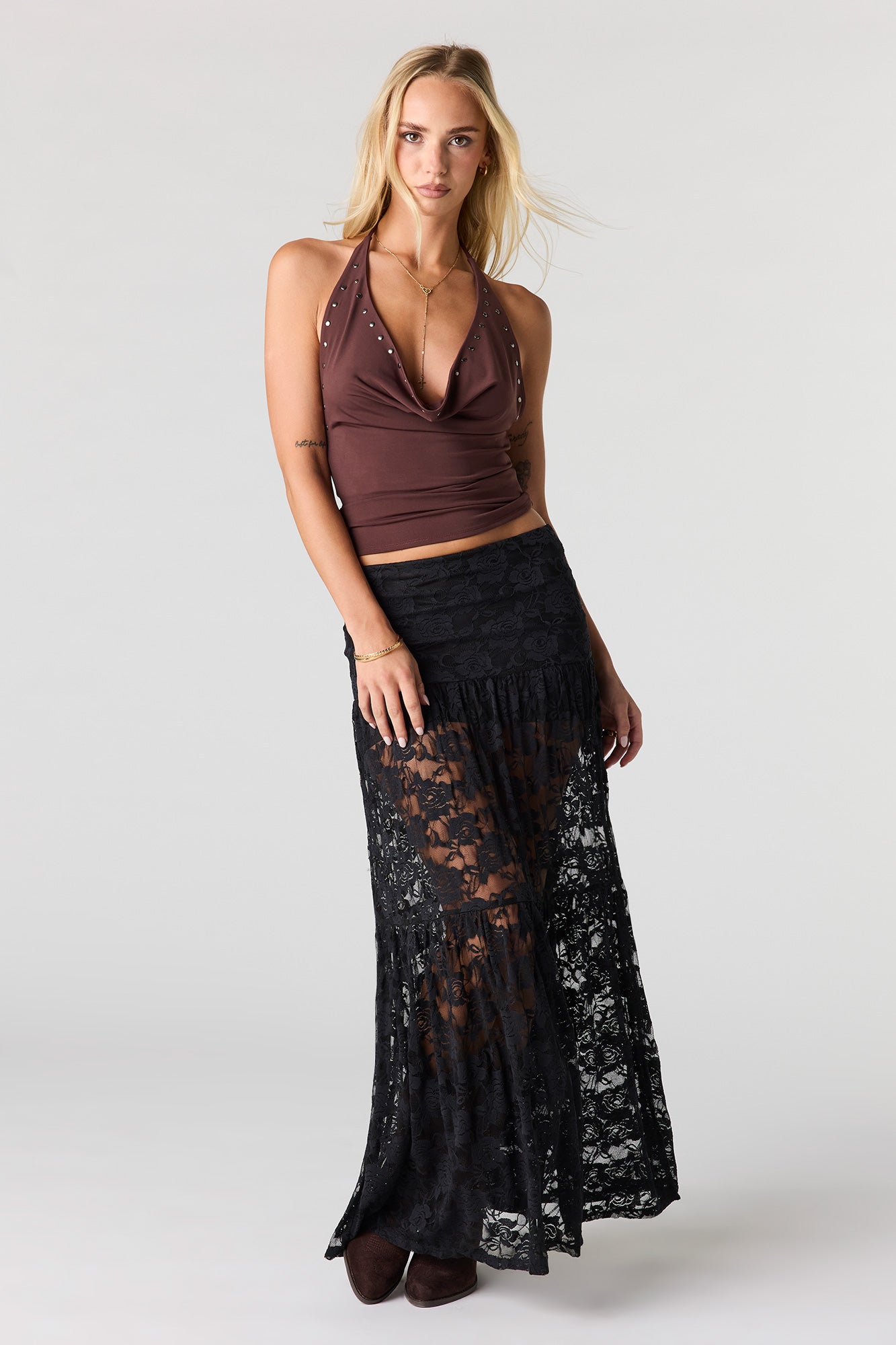 Studded Trim Cowl Halter Top