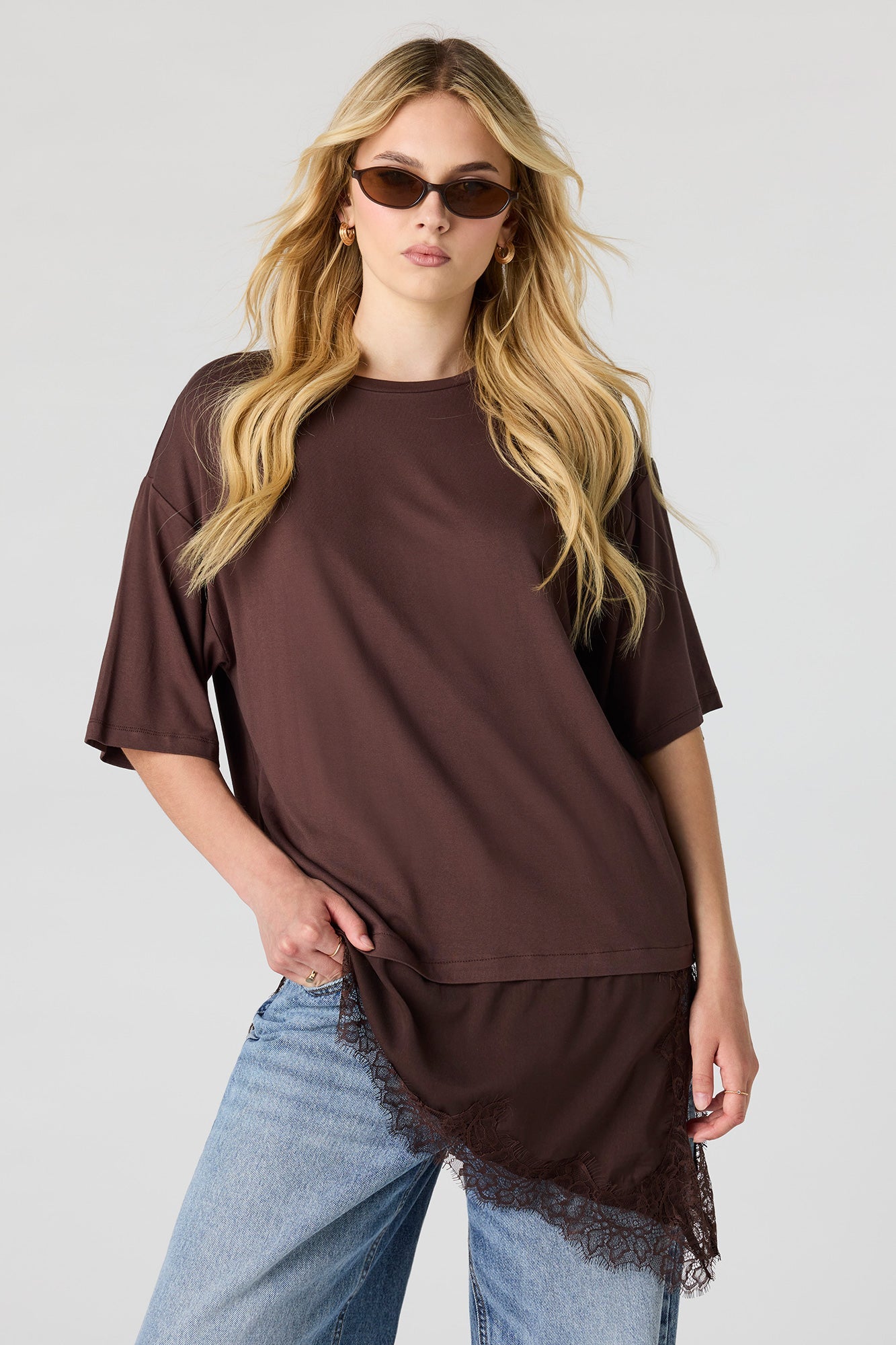 Asymmetrical Lace Hem T-Shirt