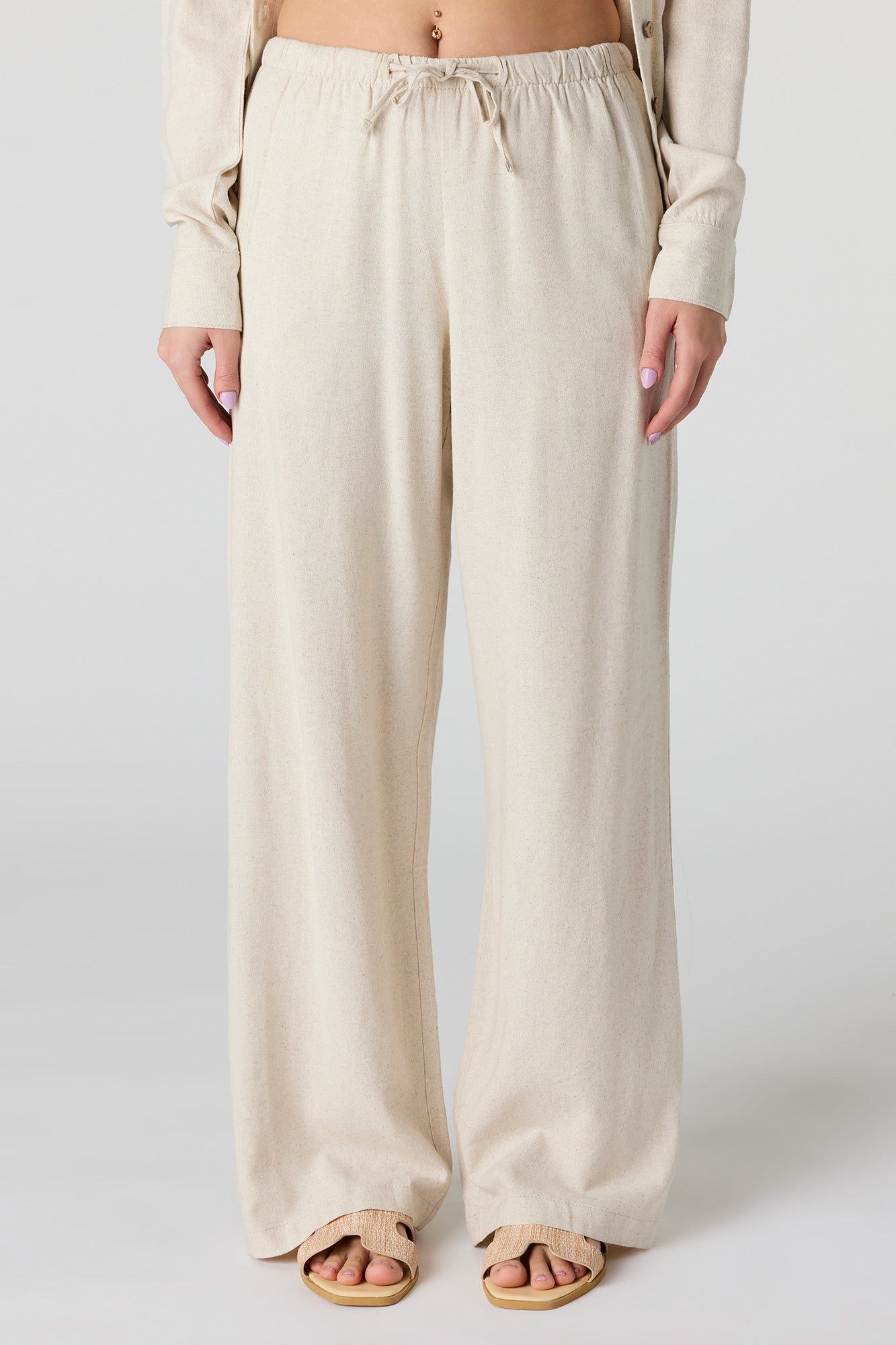 Linen-Blend Drawstring Wide Leg Pant