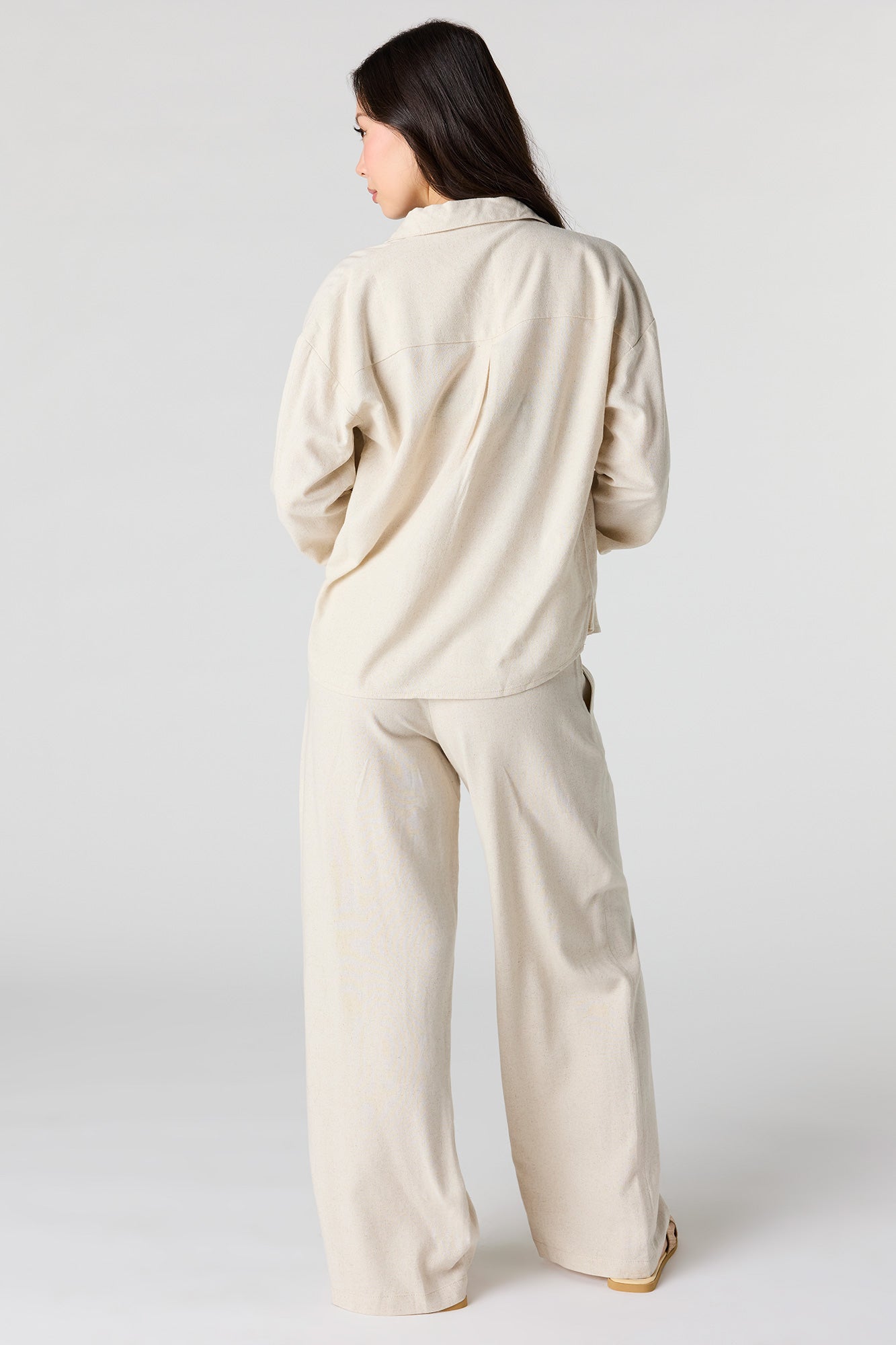 Linen-Blend Drawstring Wide Leg Pant