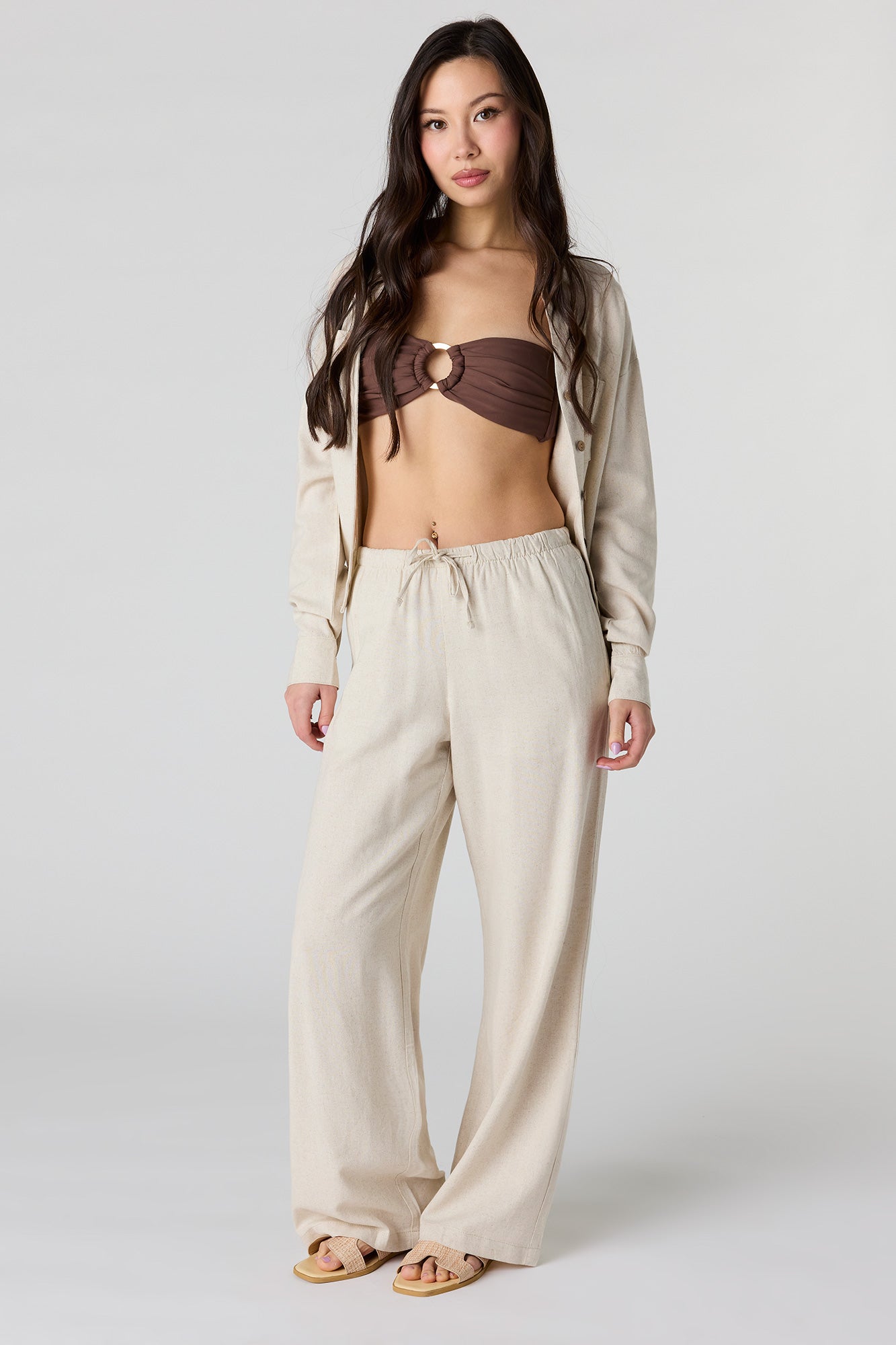 Linen-Blend Drawstring Wide Leg Pant