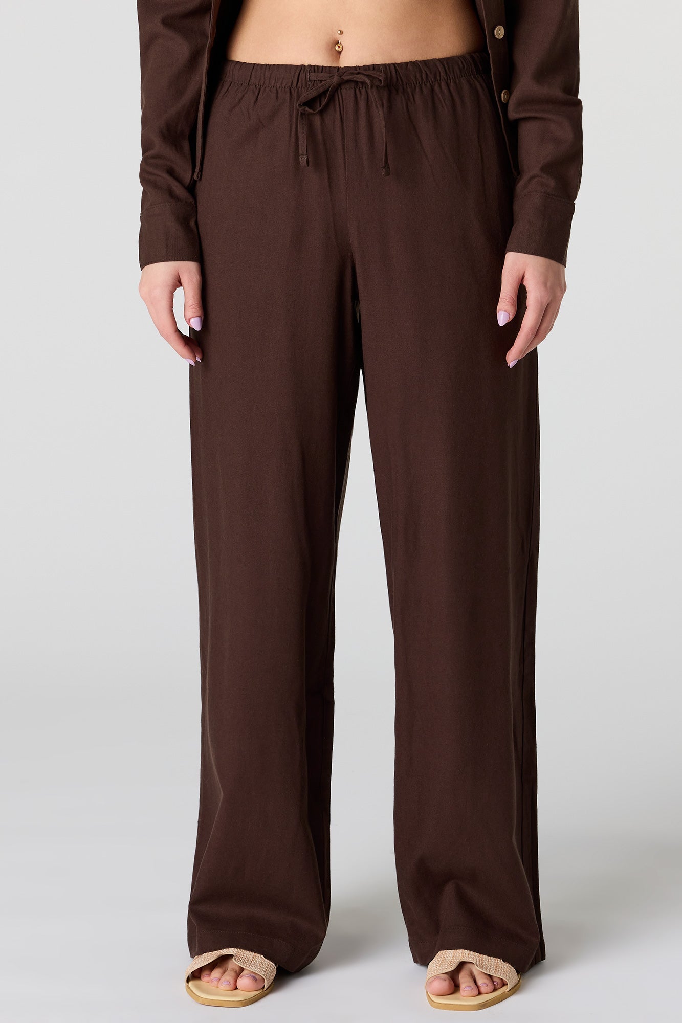 Linen-Blend Drawstring Wide Leg Pant