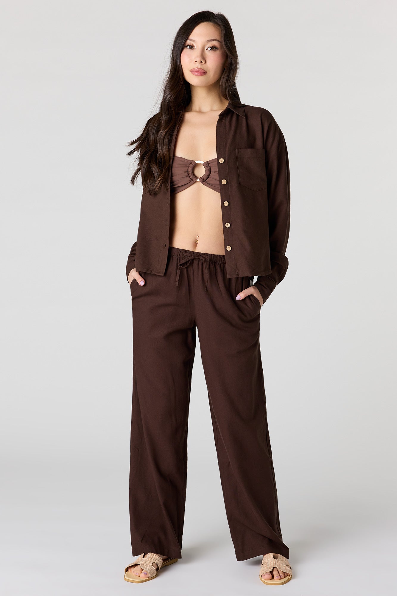 Linen-Blend Drawstring Wide Leg Pant