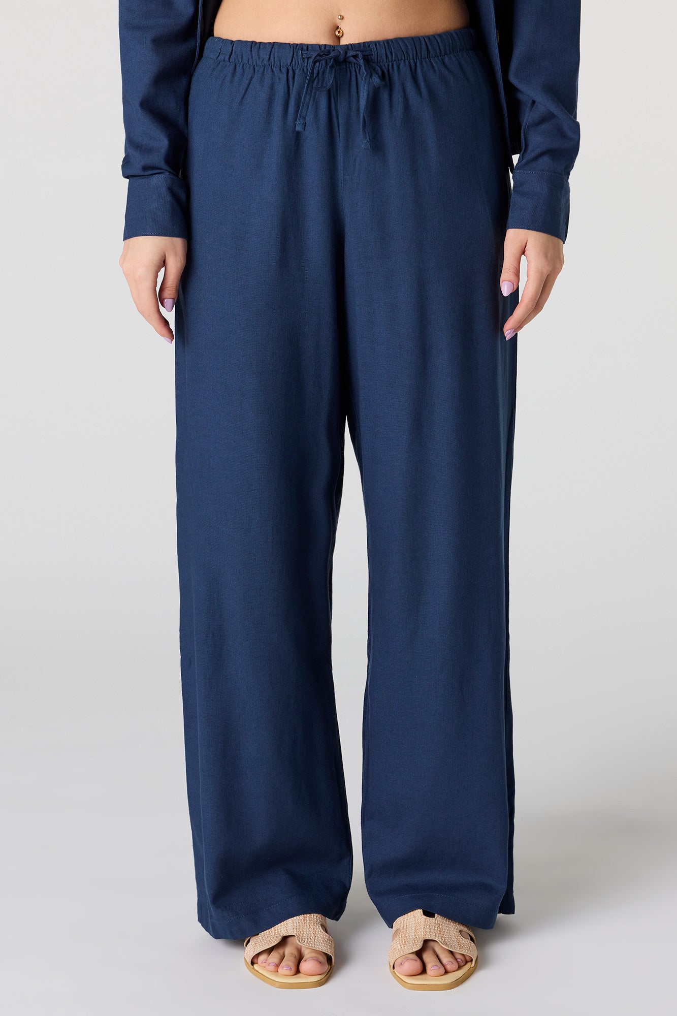 Linen-Blend Drawstring Wide Leg Pant