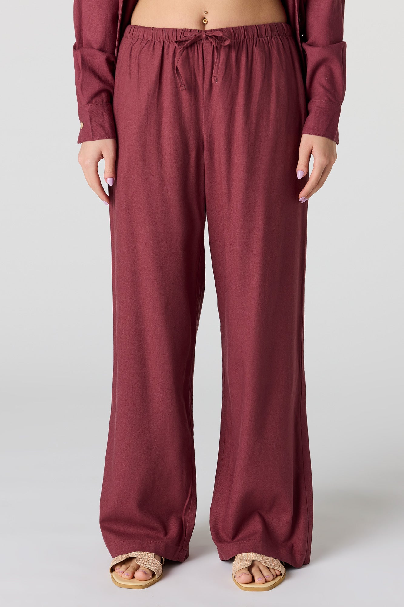 Linen-Blend Drawstring Wide Leg Pant