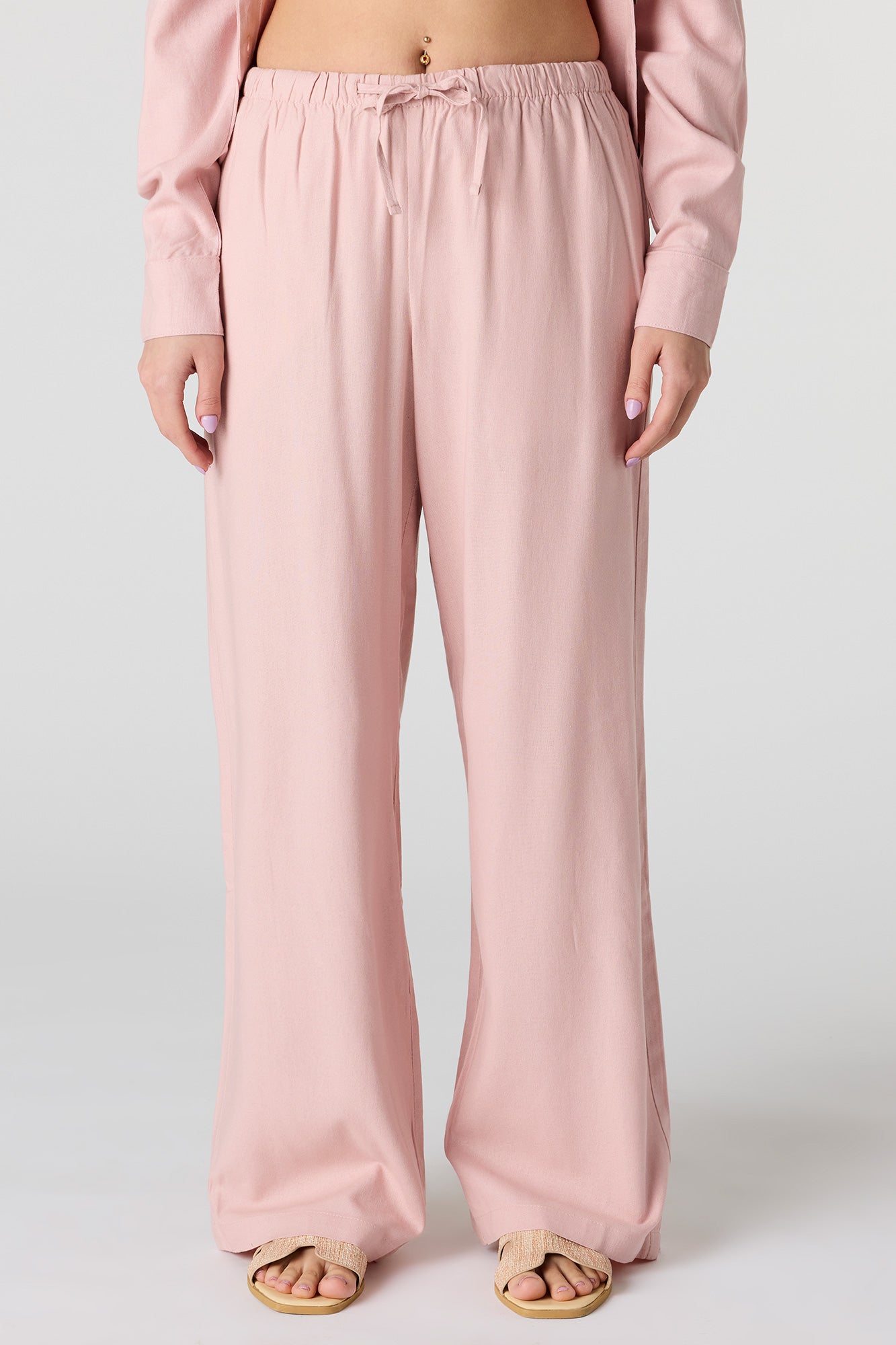 Linen-Blend Drawstring Wide Leg Pant
