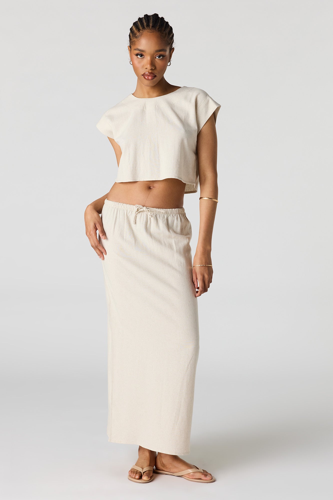 Linen-Blend Drawstring Midi Skirt