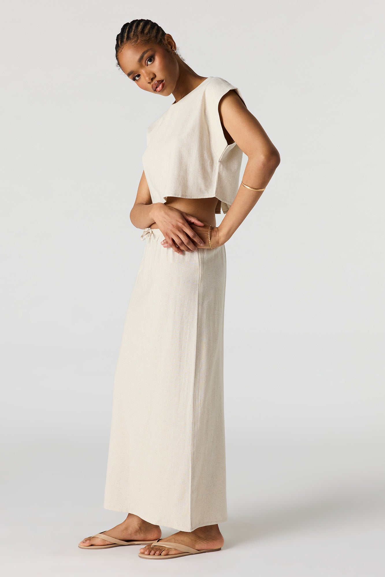 Linen-Blend Drawstring Midi Skirt