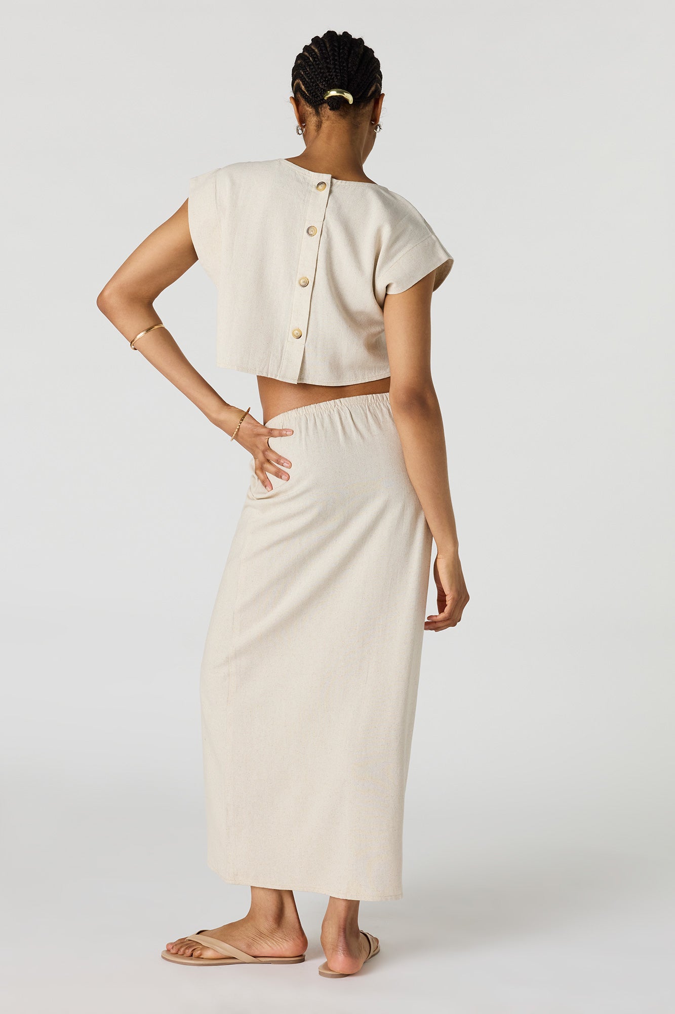 Linen-Blend Drawstring Midi Skirt