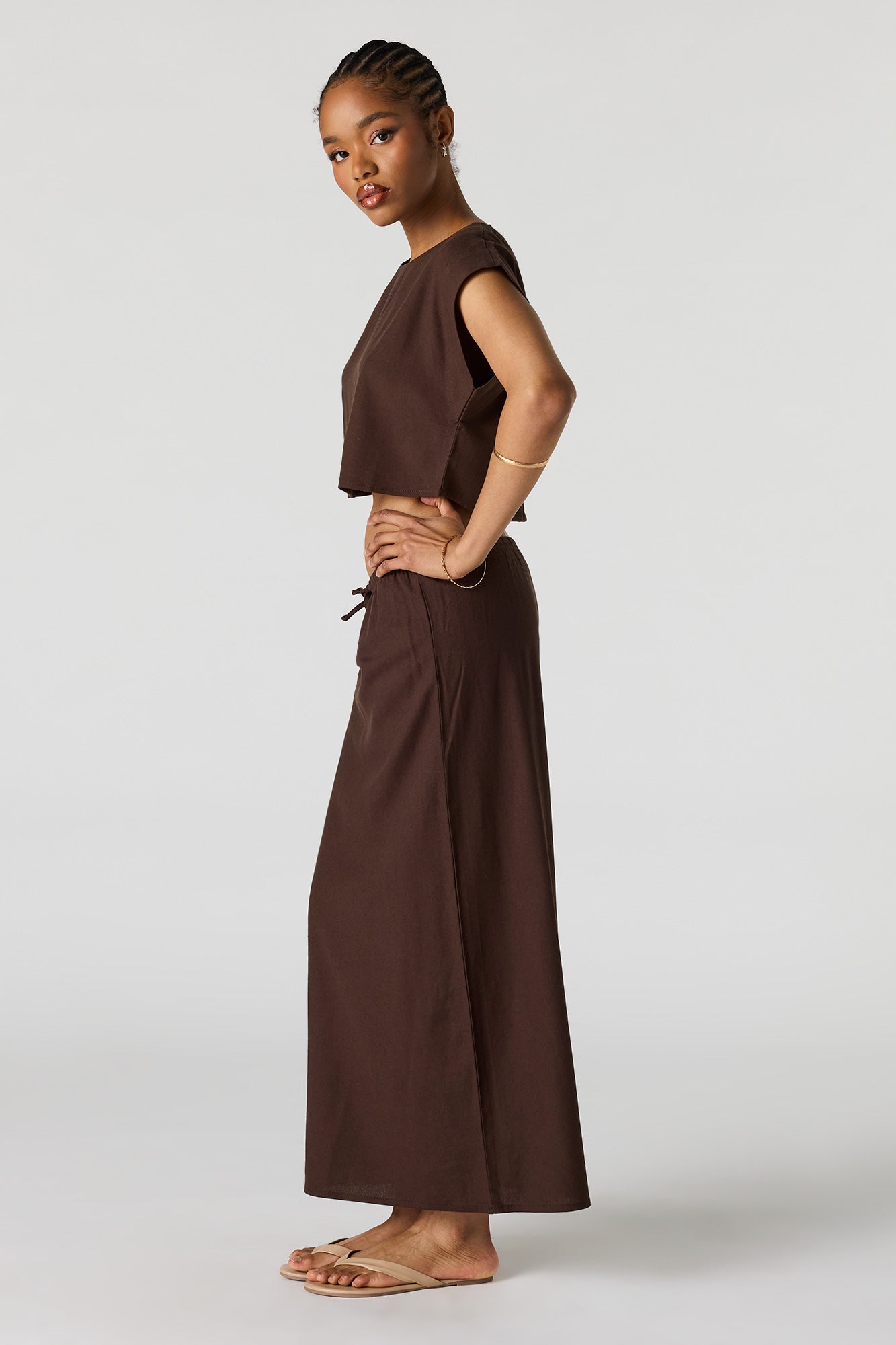 Linen-Blend Drawstring Midi Skirt