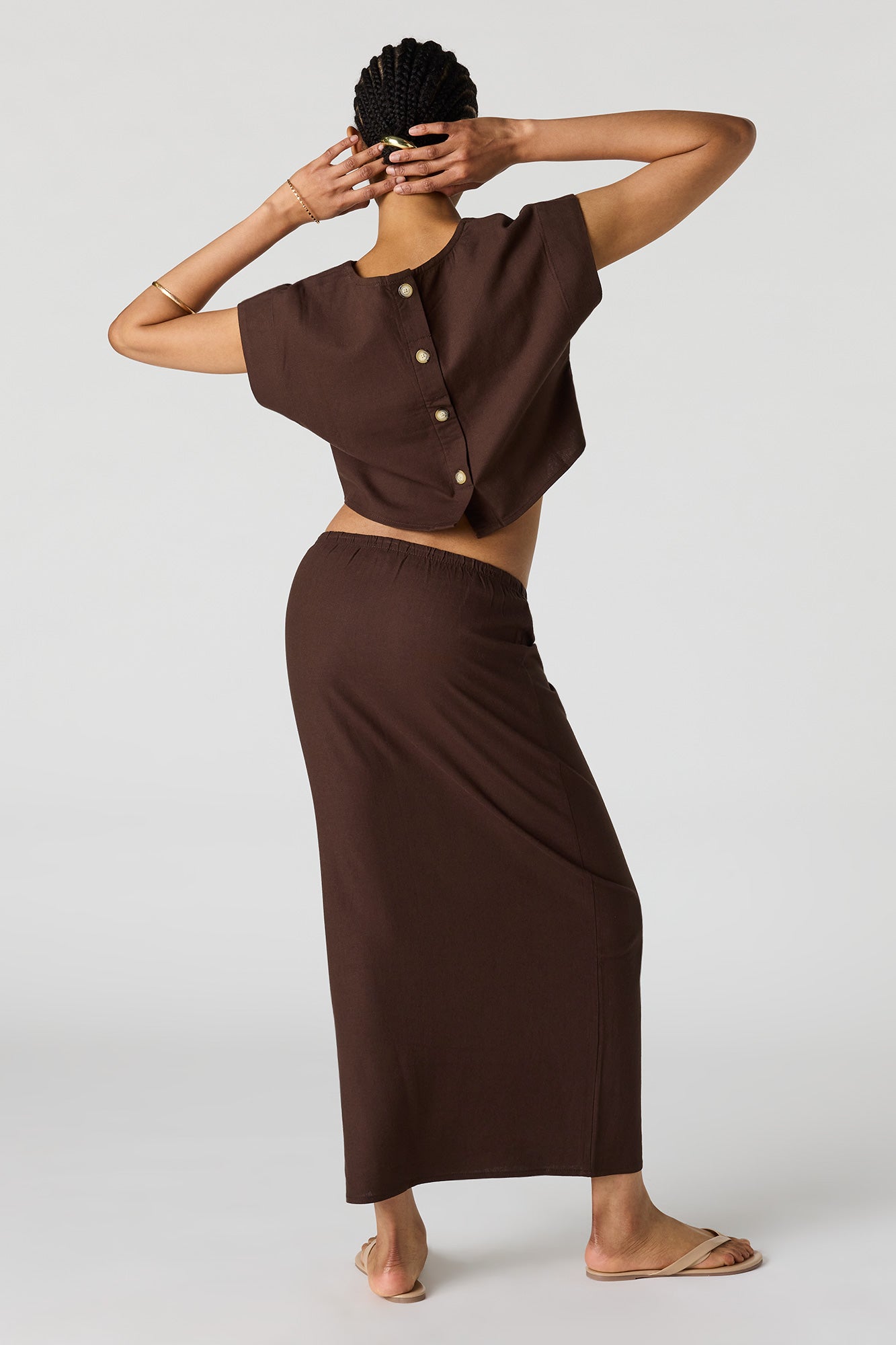 Linen-Blend Drawstring Midi Skirt