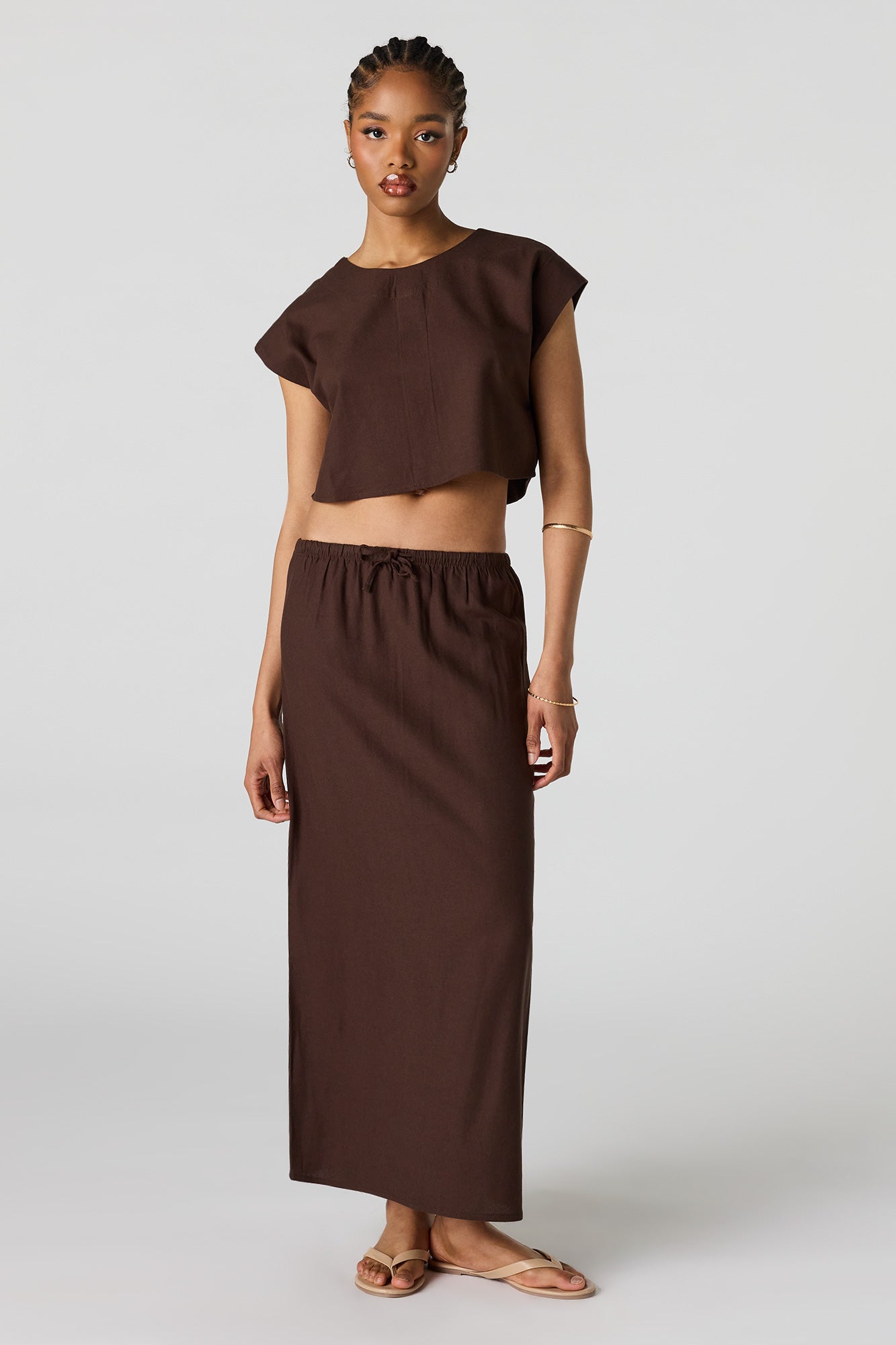 Linen-Blend Drawstring Midi Skirt