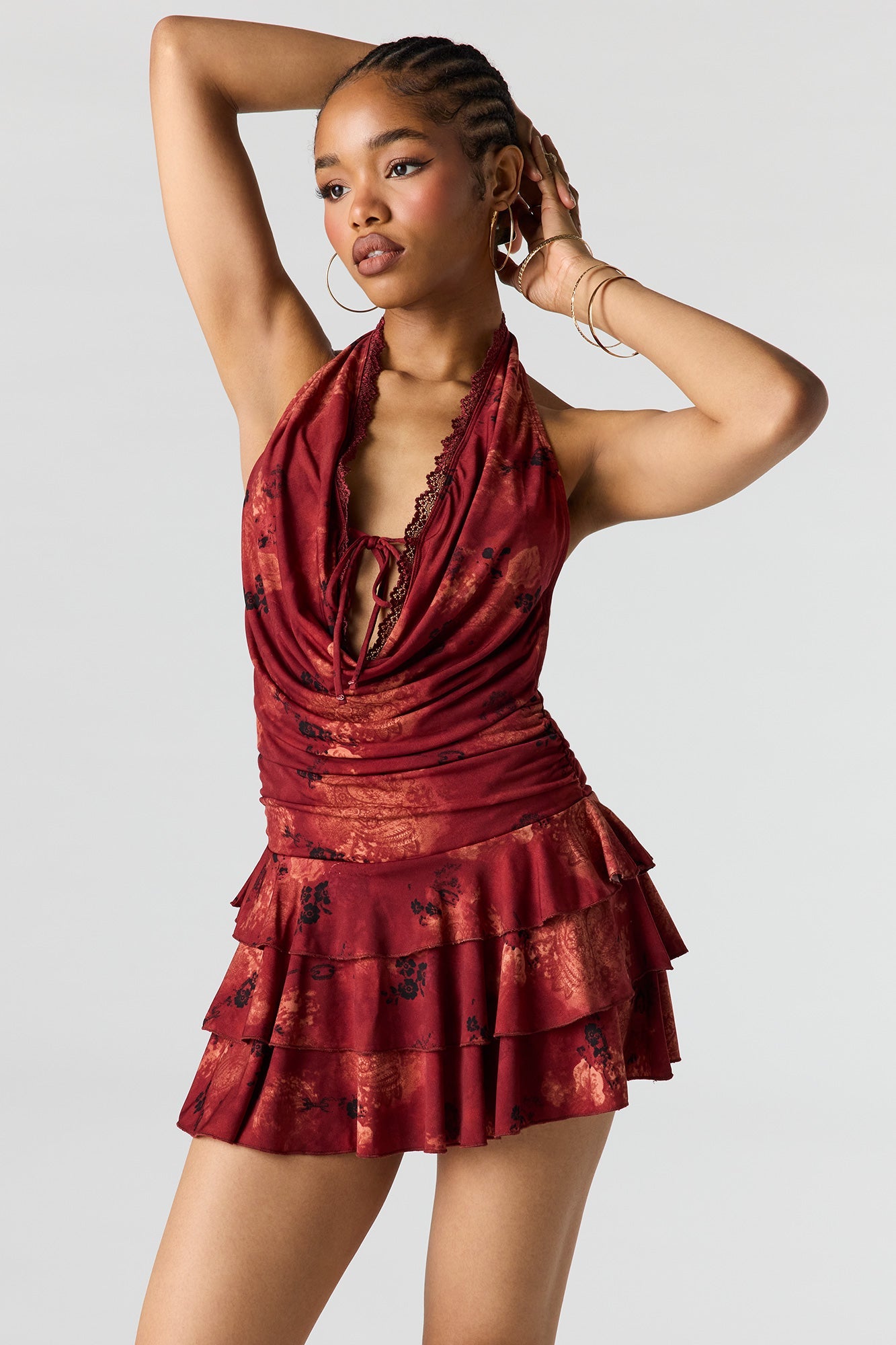Cowl Neck Ruffled Halter Romper