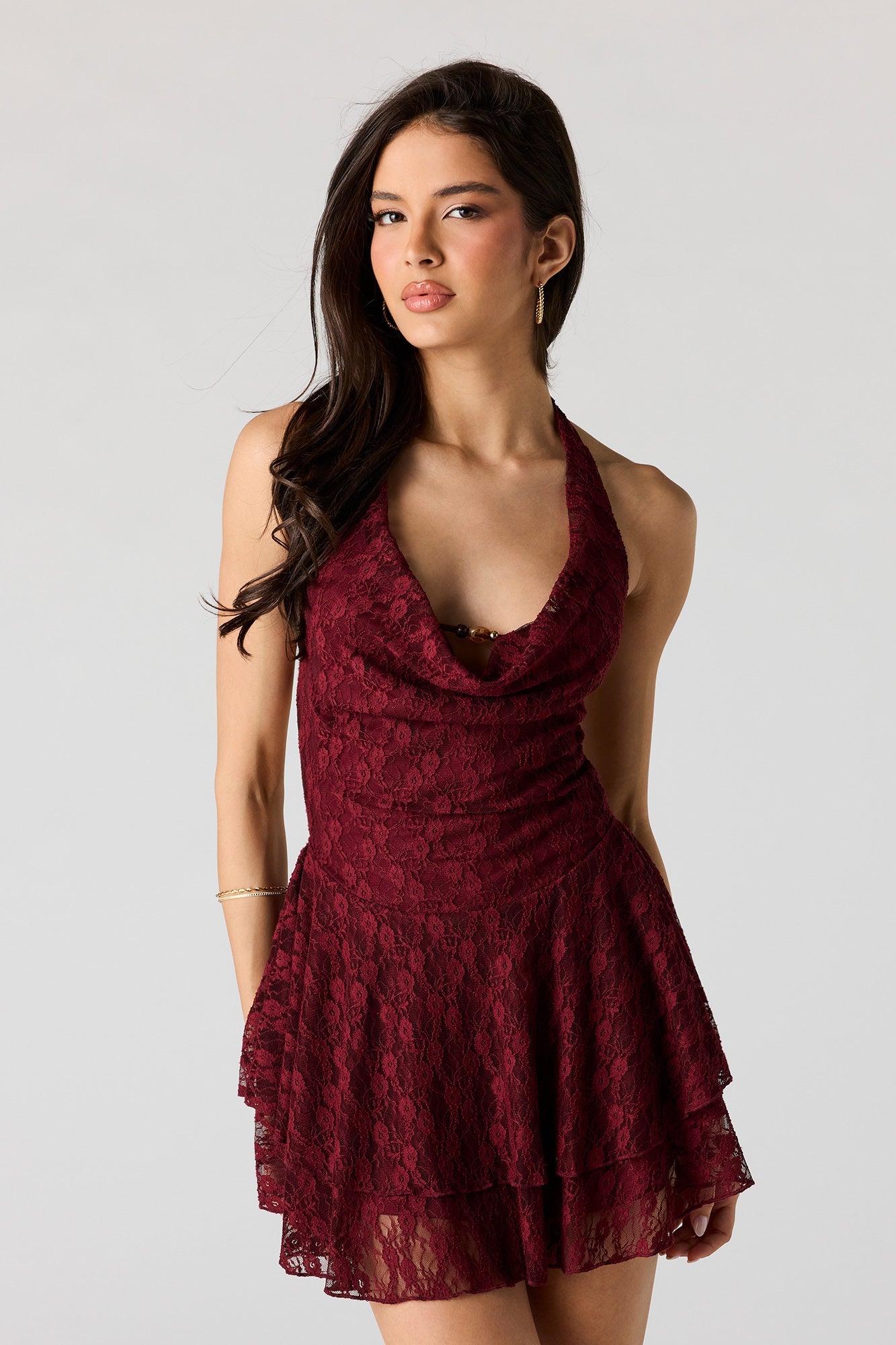 Lace Cowl Neck Halter Dress