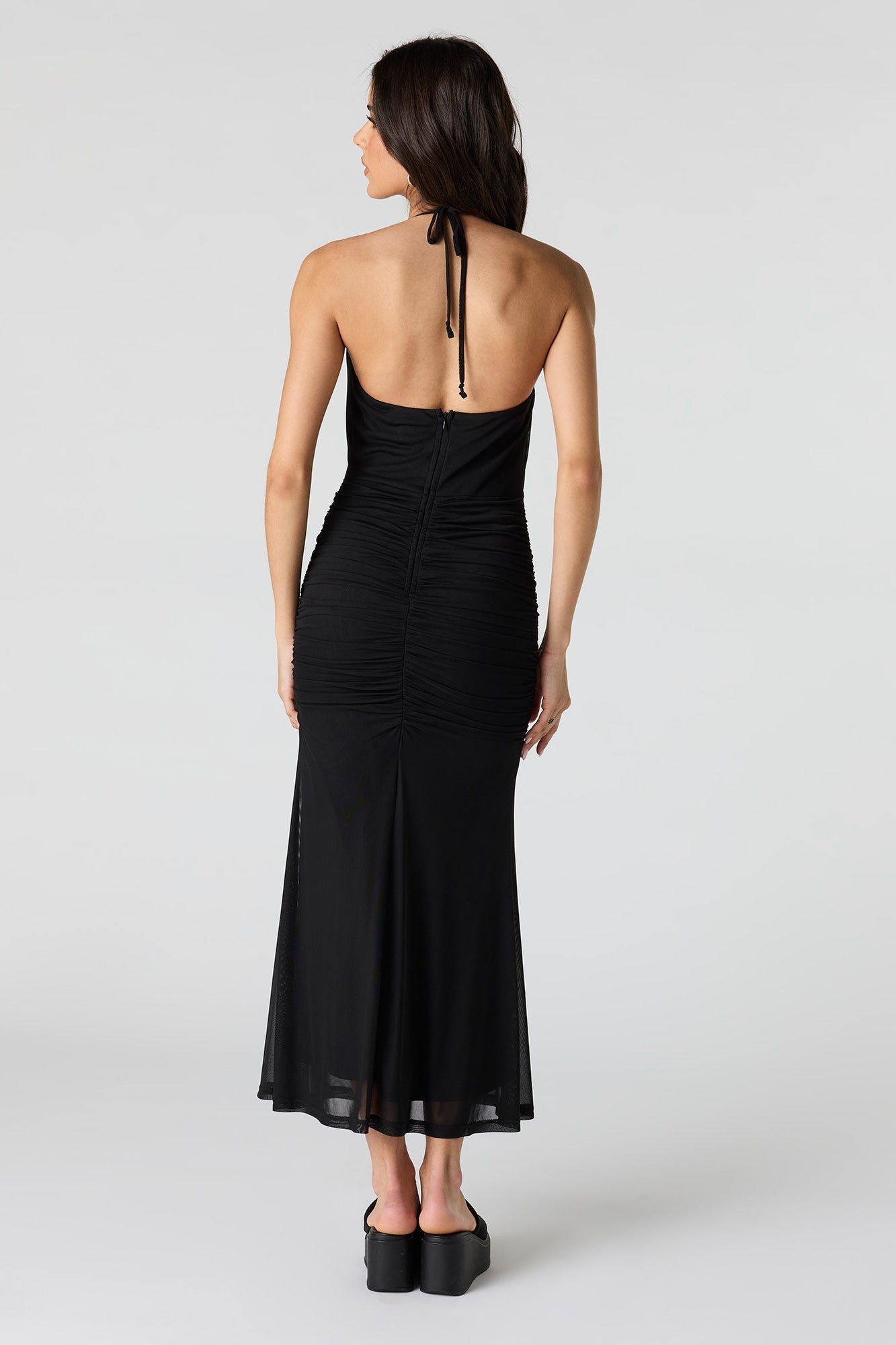 Mesh Cowl Neck Ruched Midi Dress