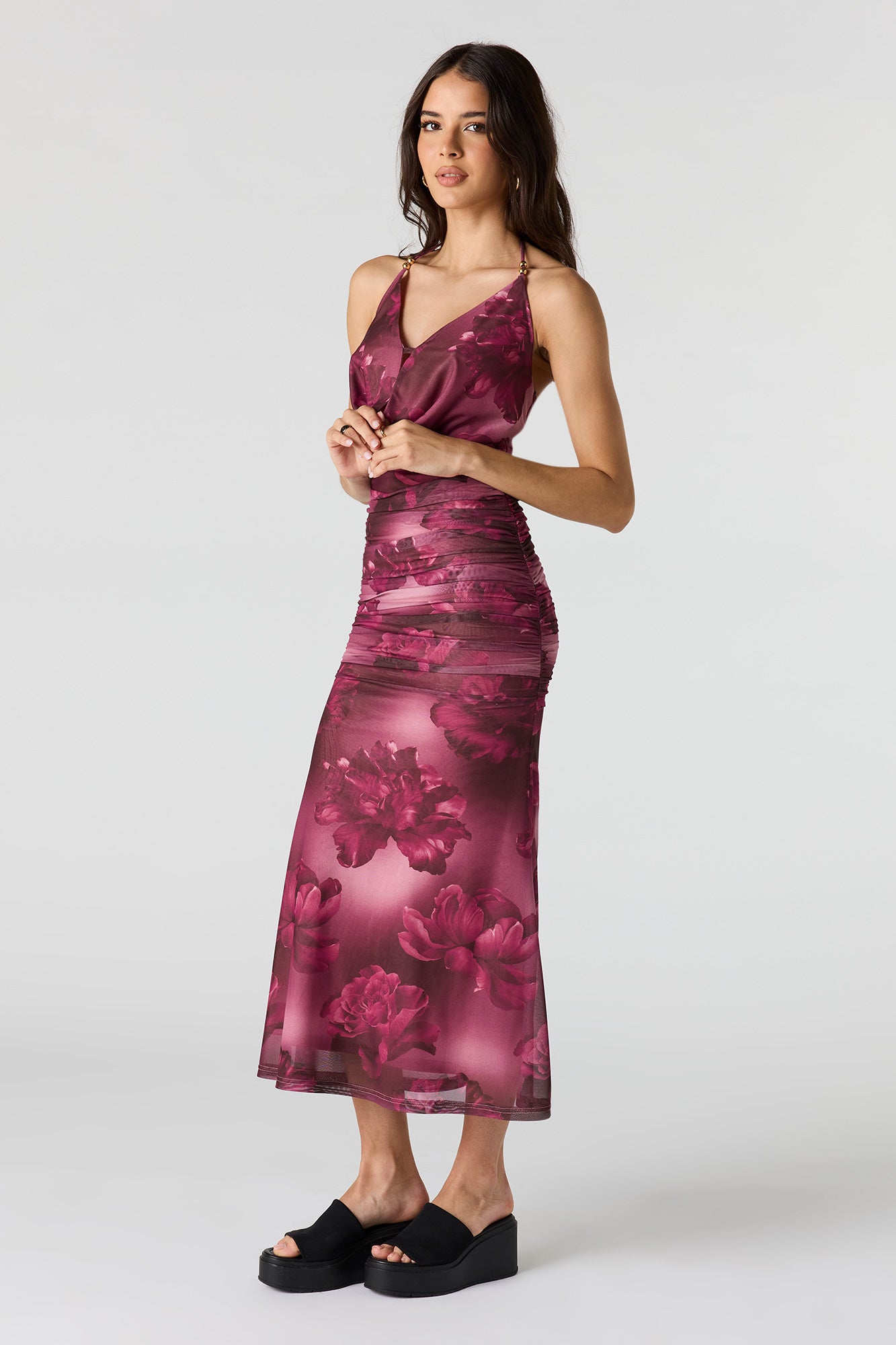 Mesh Cowl Neck Ruched Midi Dress