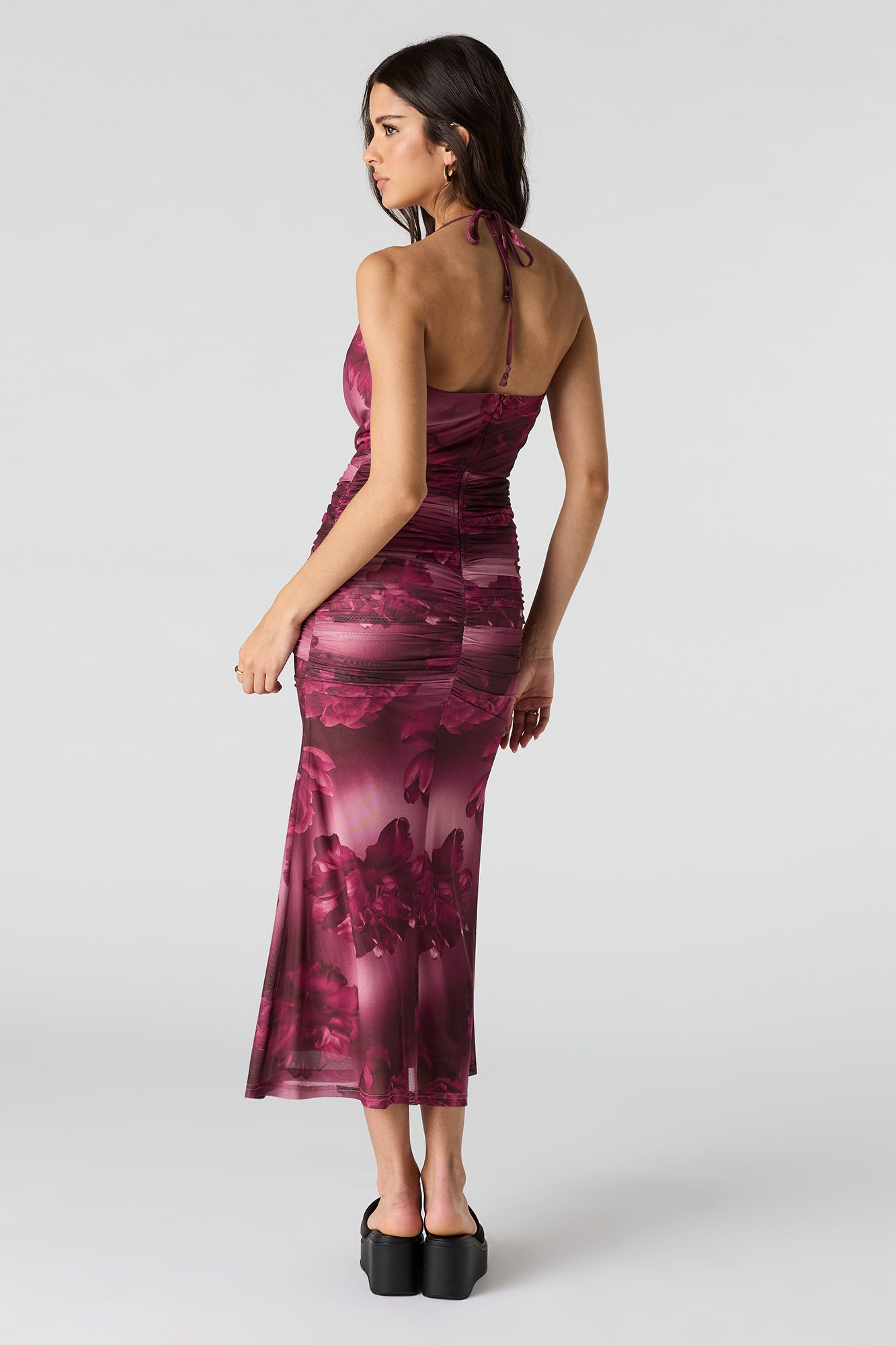 Mesh Cowl Neck Ruched Midi Dress