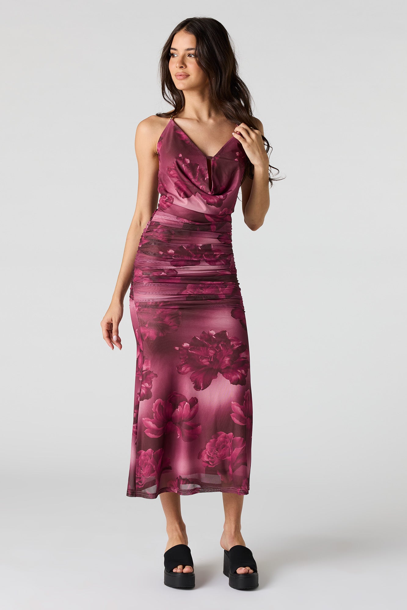 Mesh Cowl Neck Ruched Midi Dress