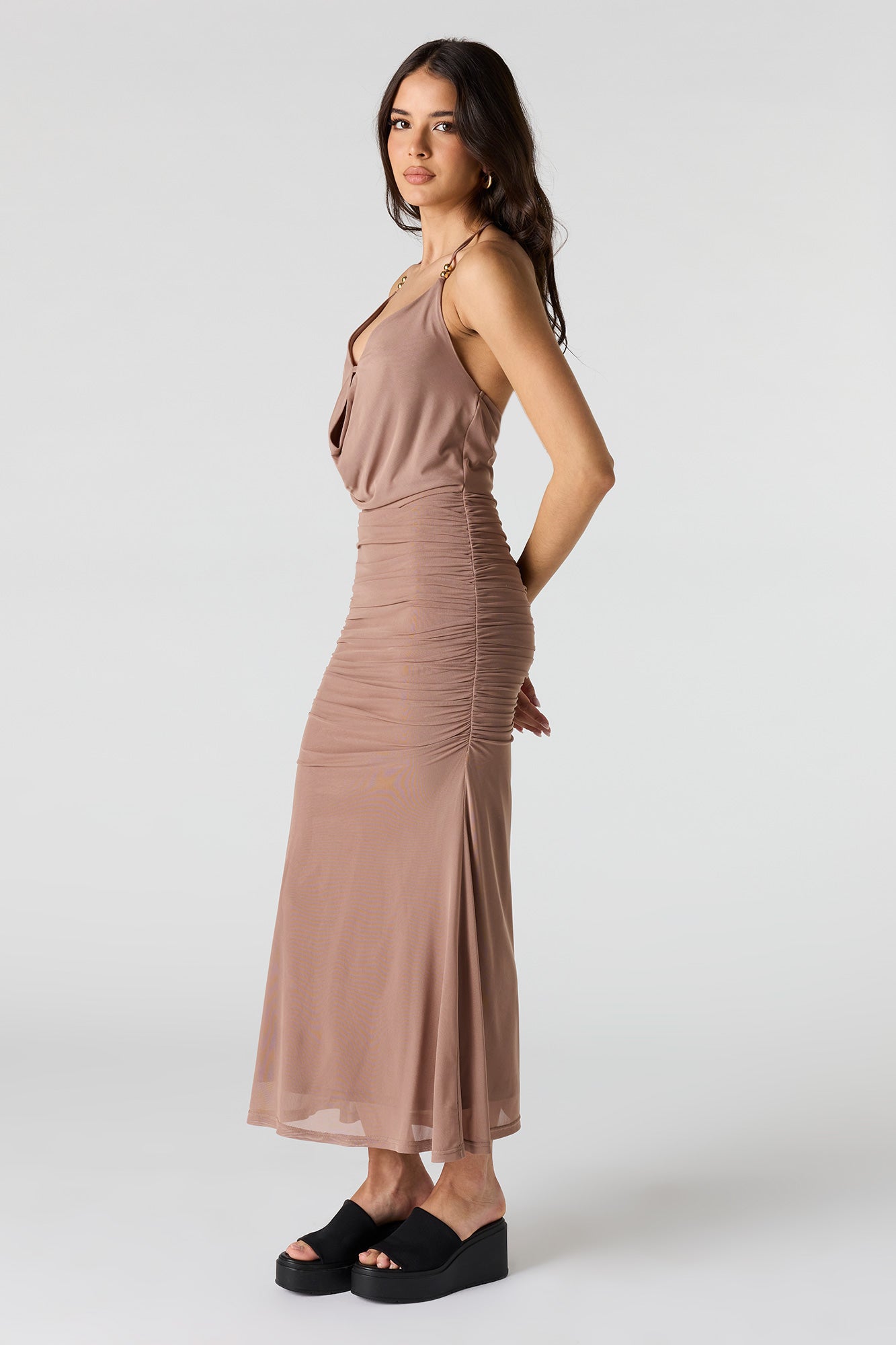 Mesh Cowl Neck Ruched Midi Dress