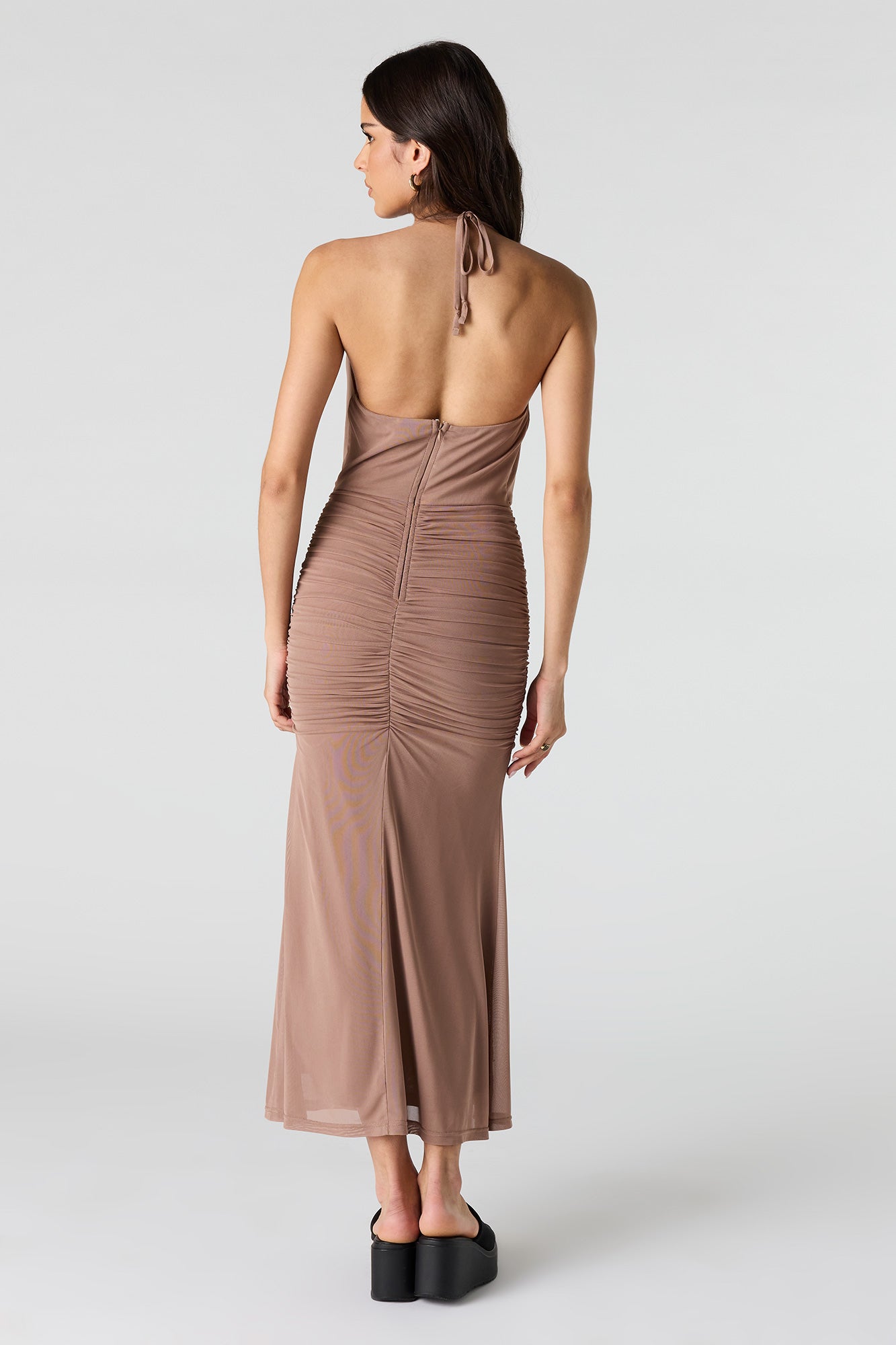 Mesh Cowl Neck Ruched Midi Dress