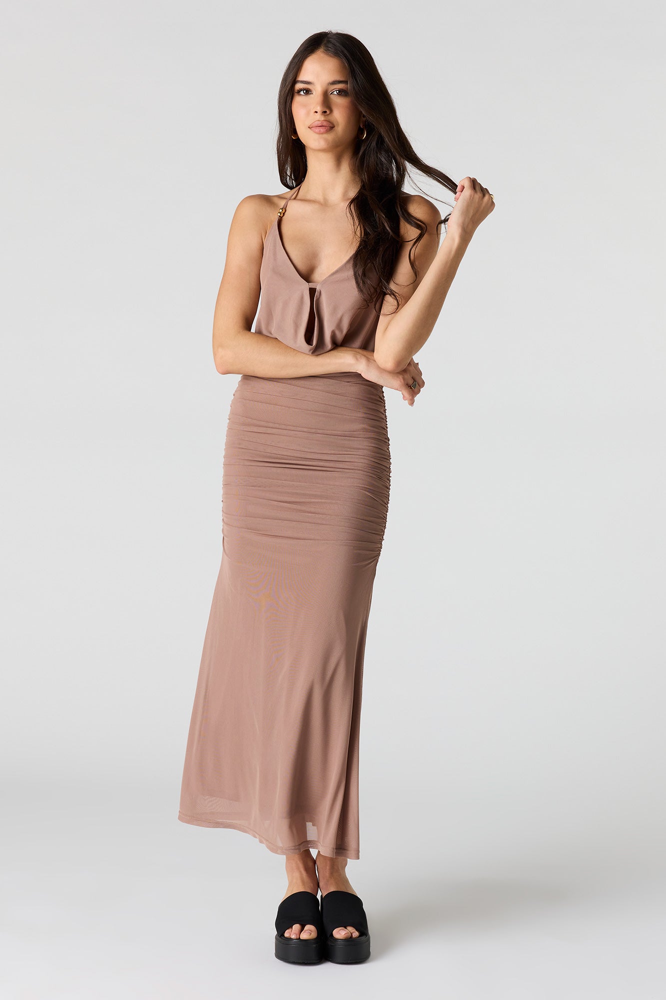 Mesh Cowl Neck Ruched Midi Dress