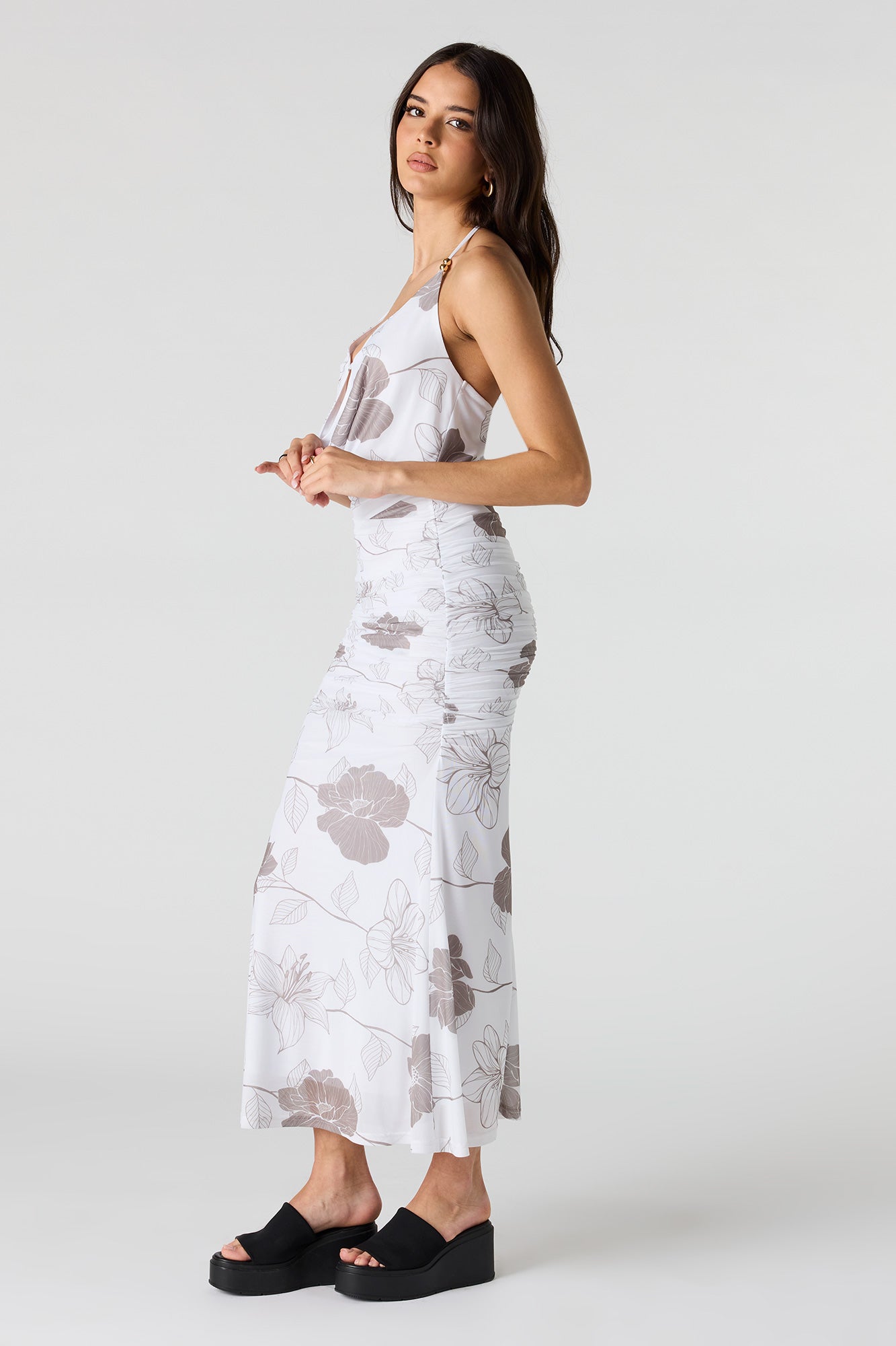 Mesh Cowl Neck Ruched Midi Dress