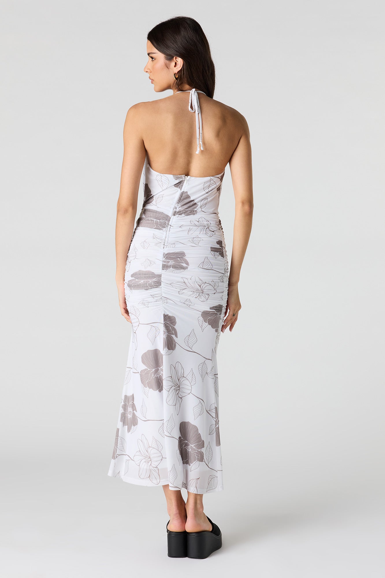 Mesh Cowl Neck Ruched Midi Dress
