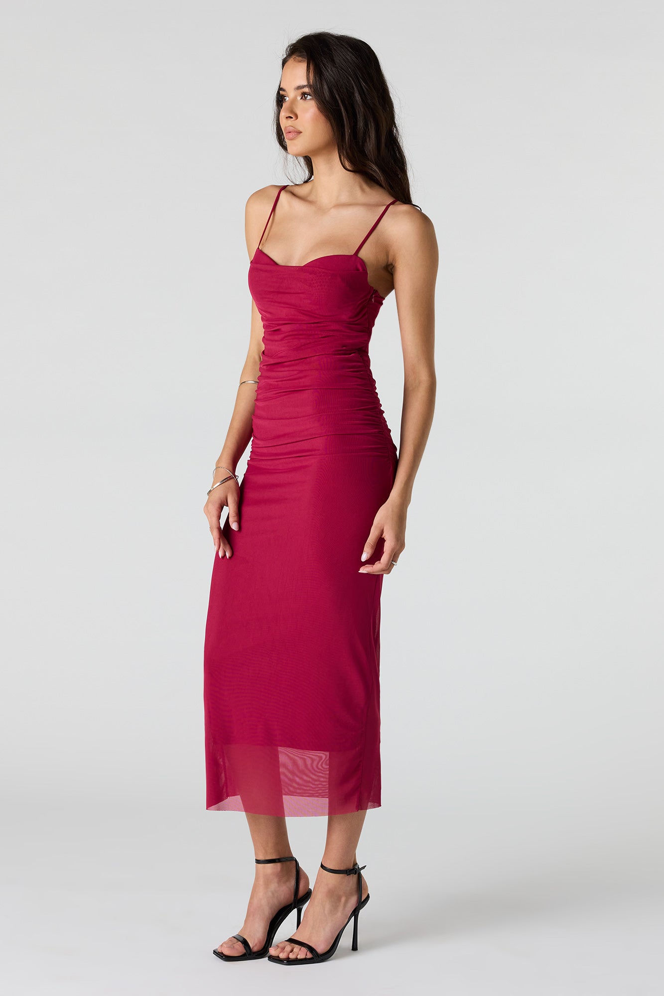 Mesh Ruched Bustier Midi Dress