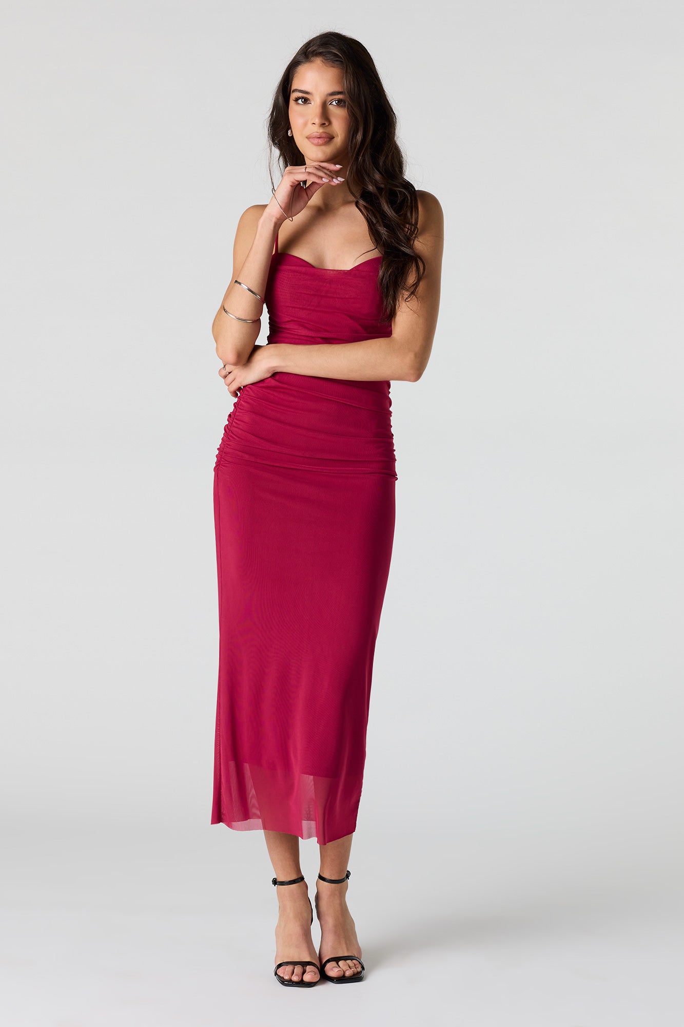 Mesh Ruched Bustier Midi Dress