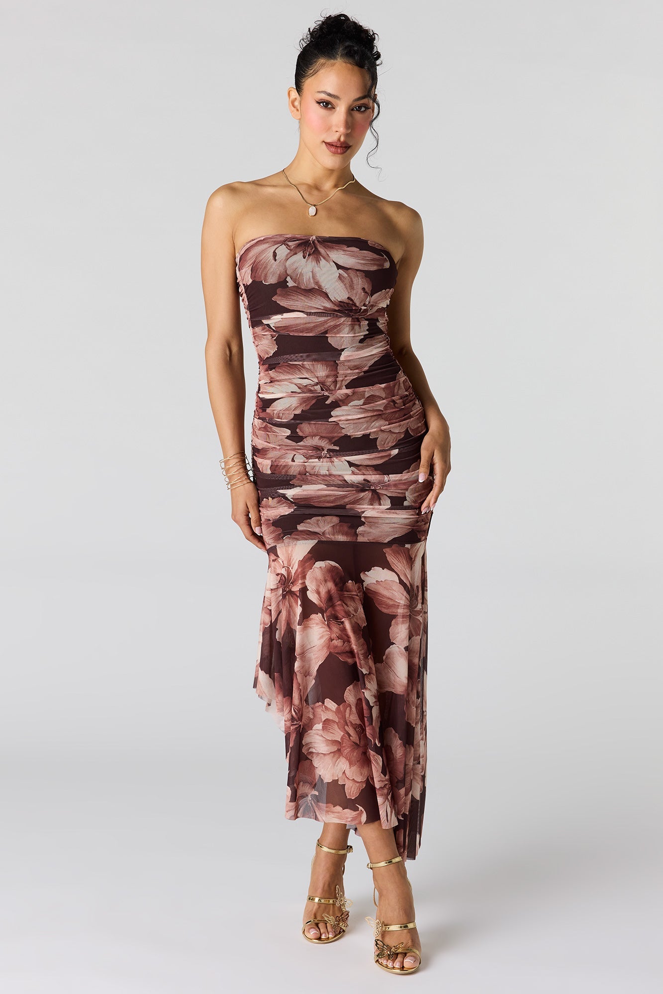 Ruched Mesh Drop Waist Tube Dress