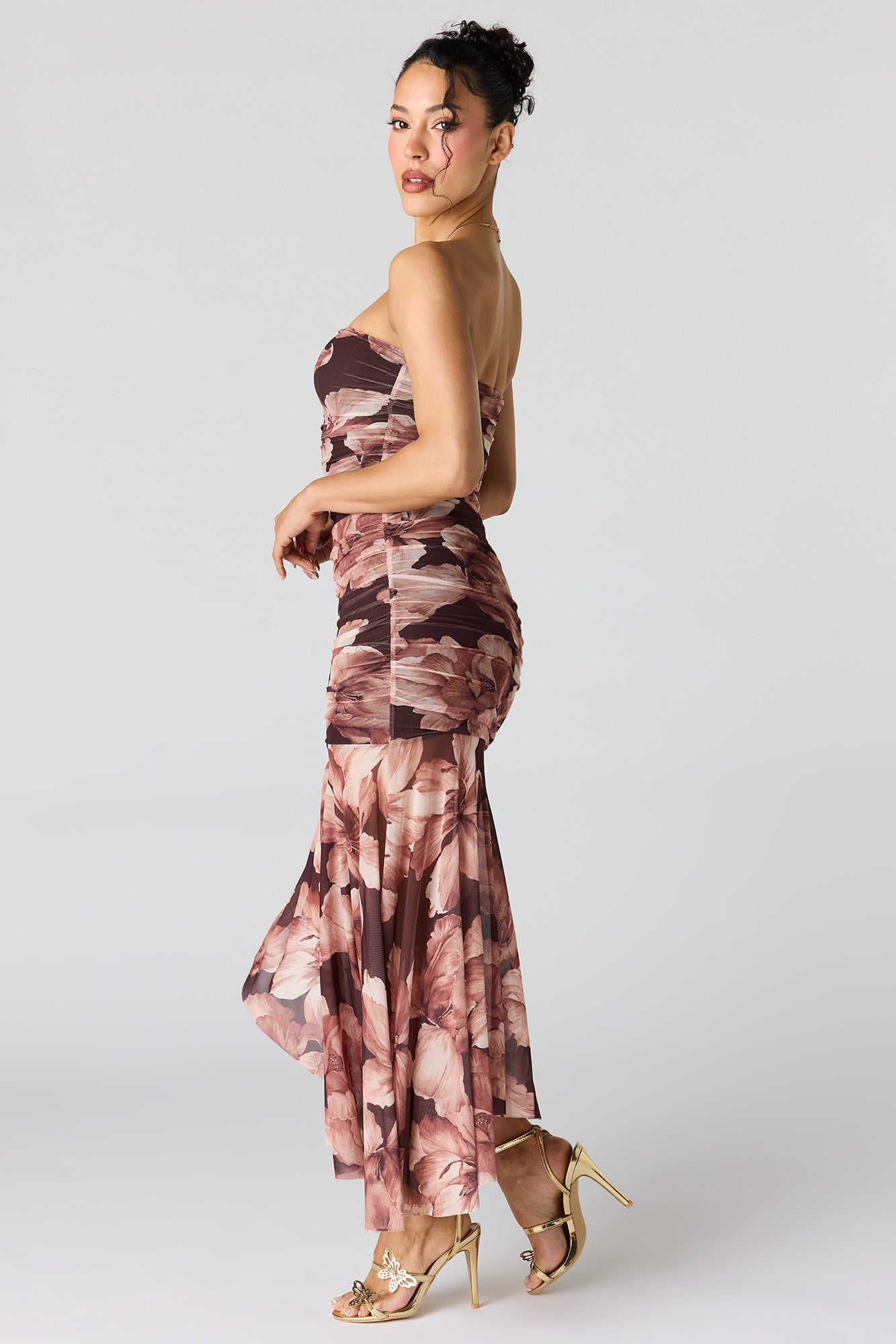 Ruched Mesh Drop Waist Tube Dress