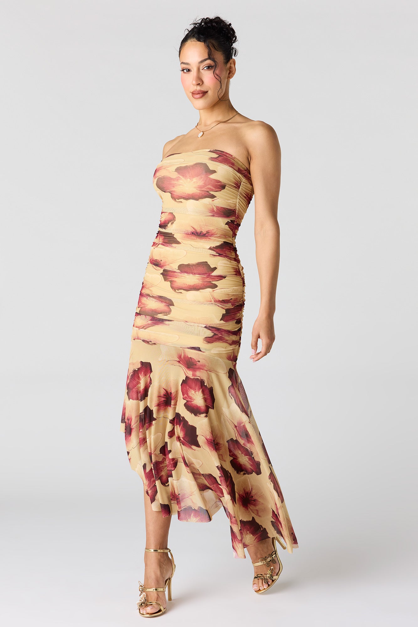 Ruched Mesh Drop Waist Tube Dress