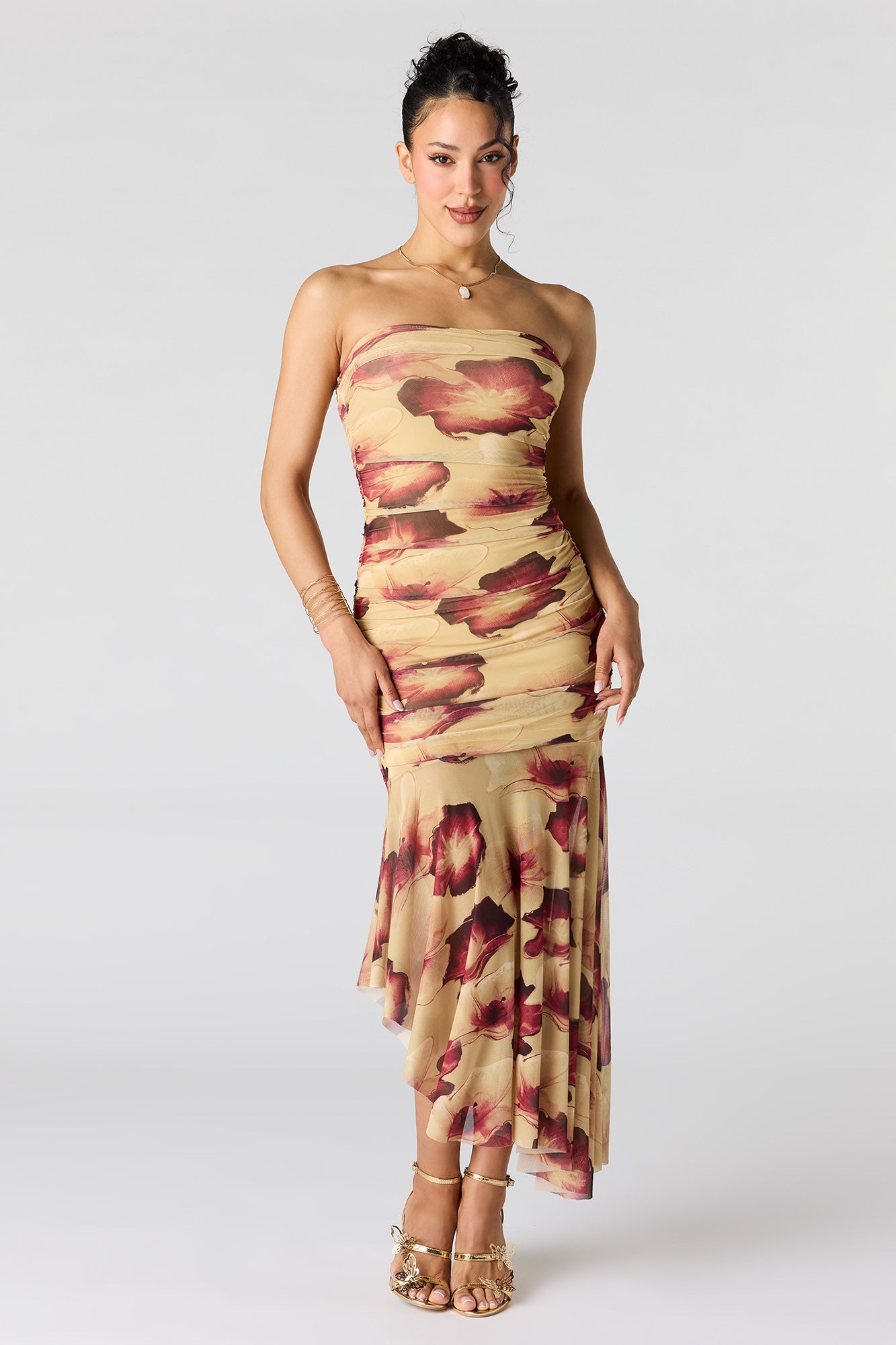 Ruched Mesh Drop Waist Tube Dress