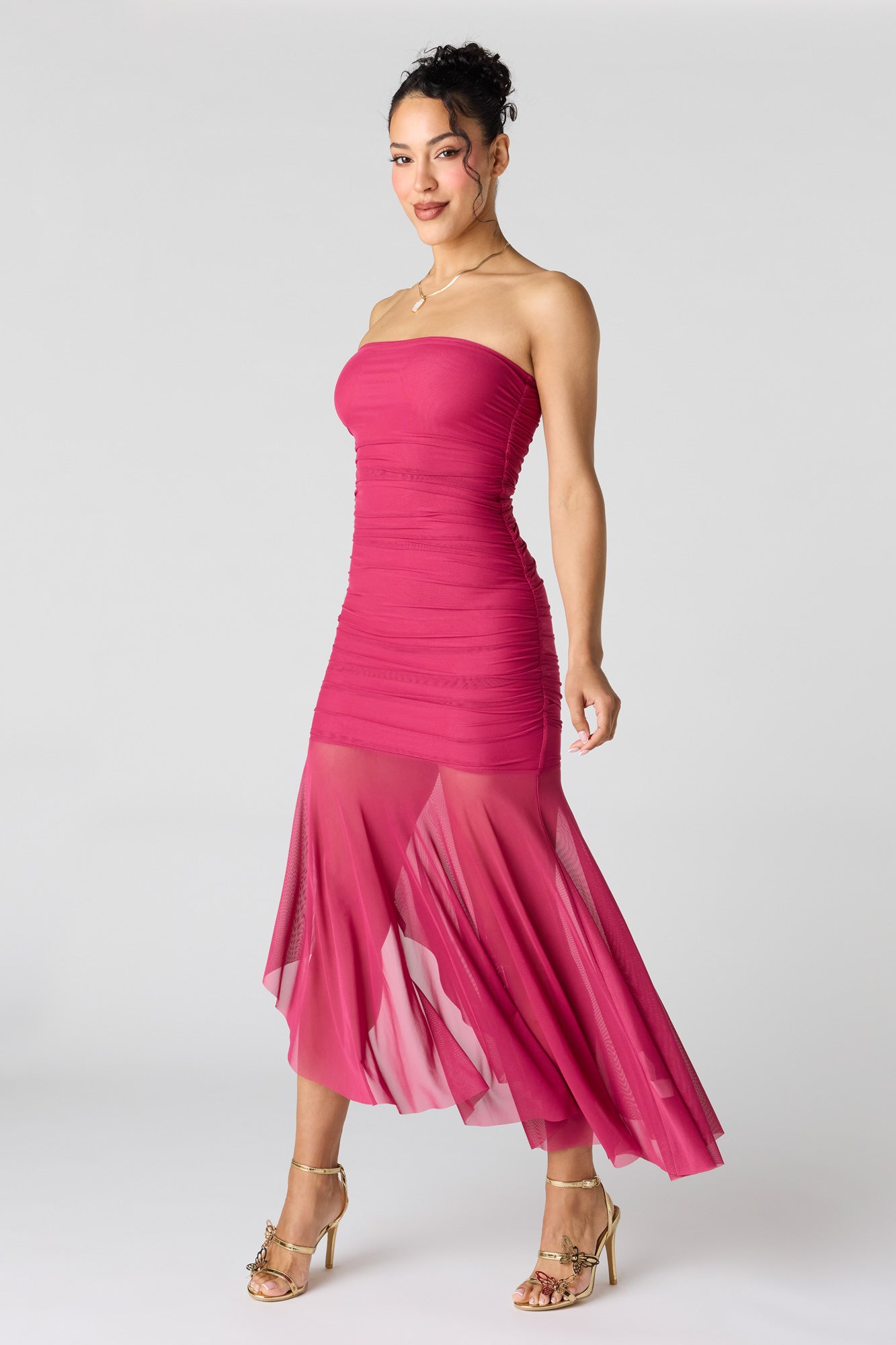 Ruched Mesh Drop Waist Tube Dress