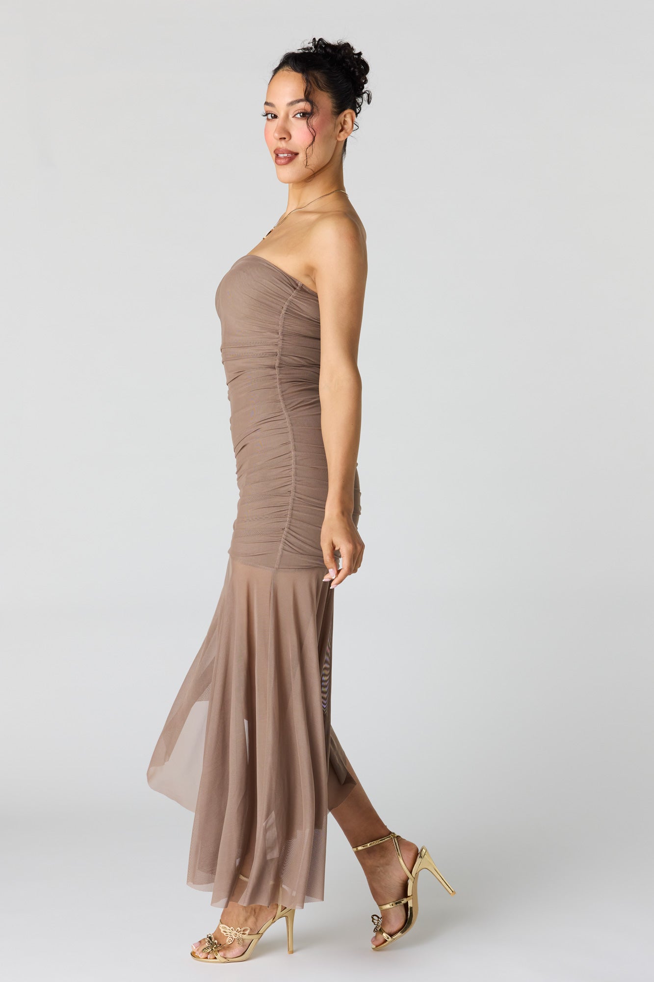 Ruched Mesh Drop Waist Tube Dress