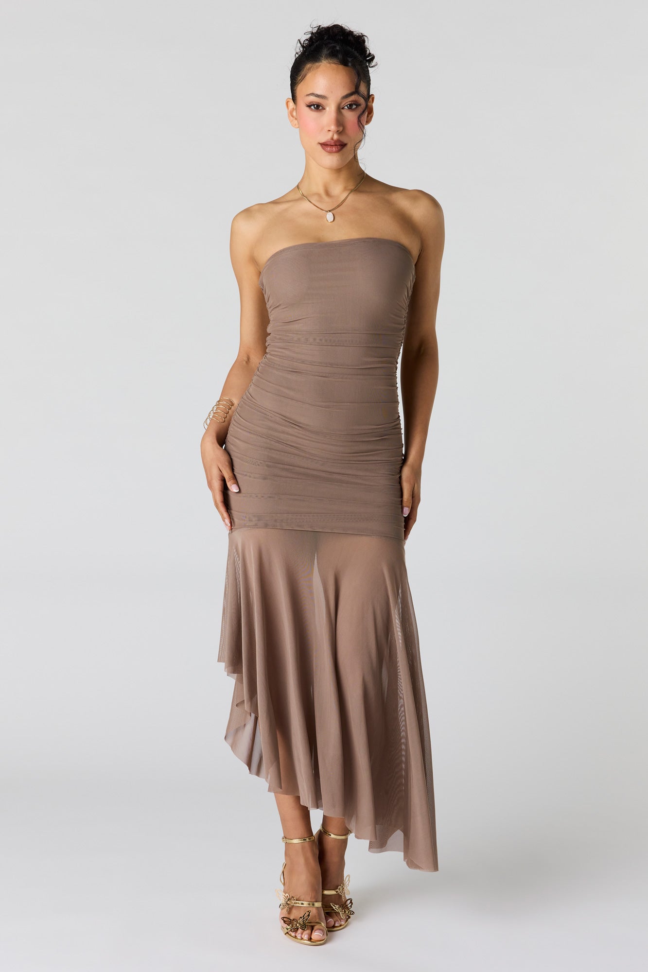 Ruched Mesh Drop Waist Tube Dress