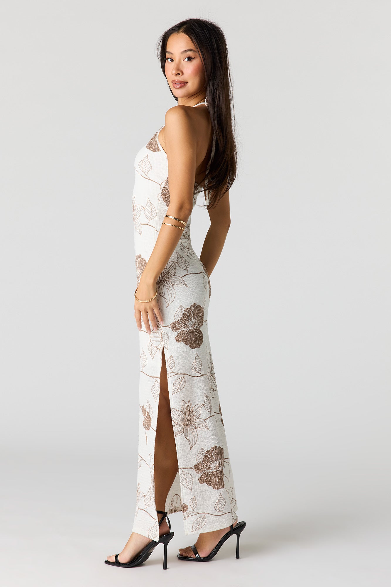 Textured Halter Slit Midi Dress