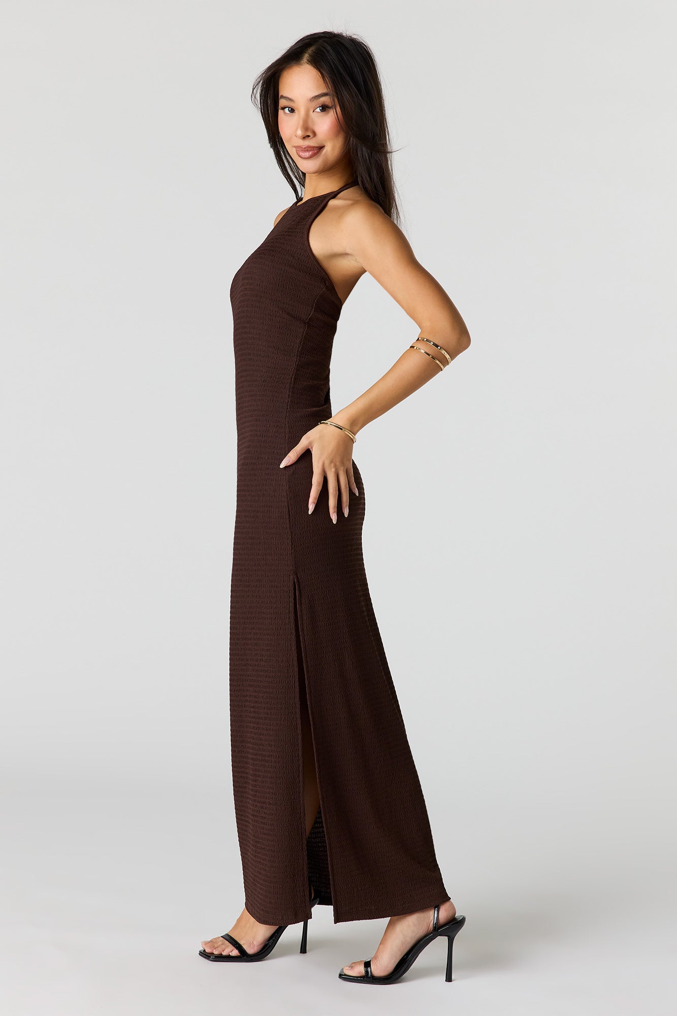 Textured Halter Slit Midi Dress