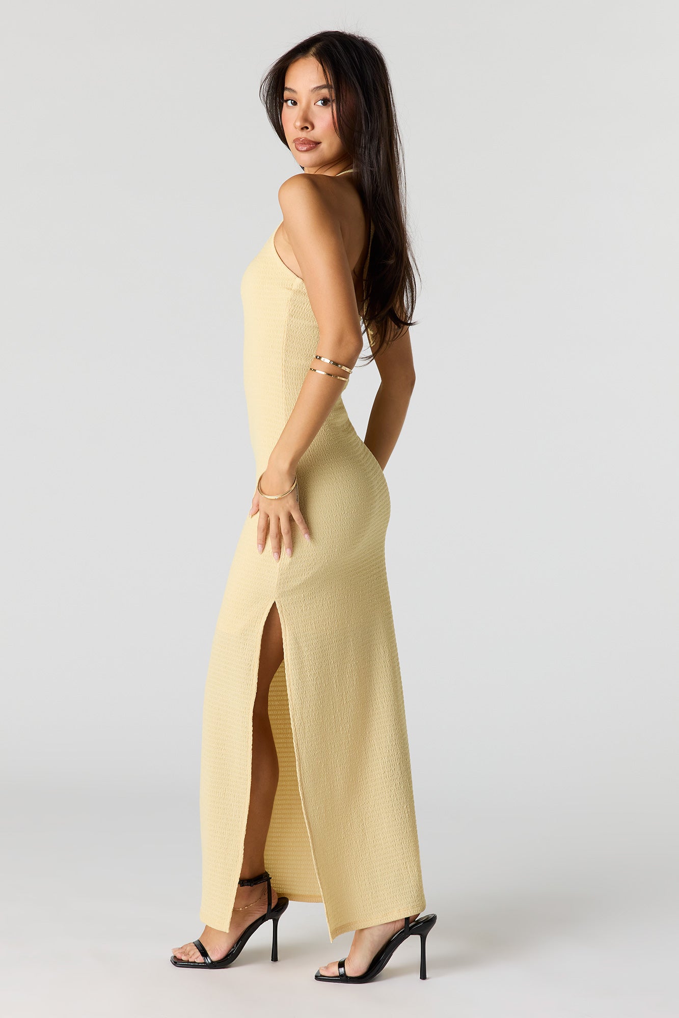Textured Halter Slit Midi Dress
