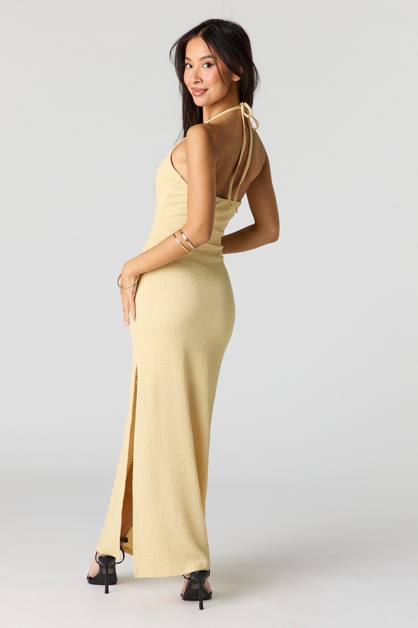 Textured Halter Slit Midi Dress