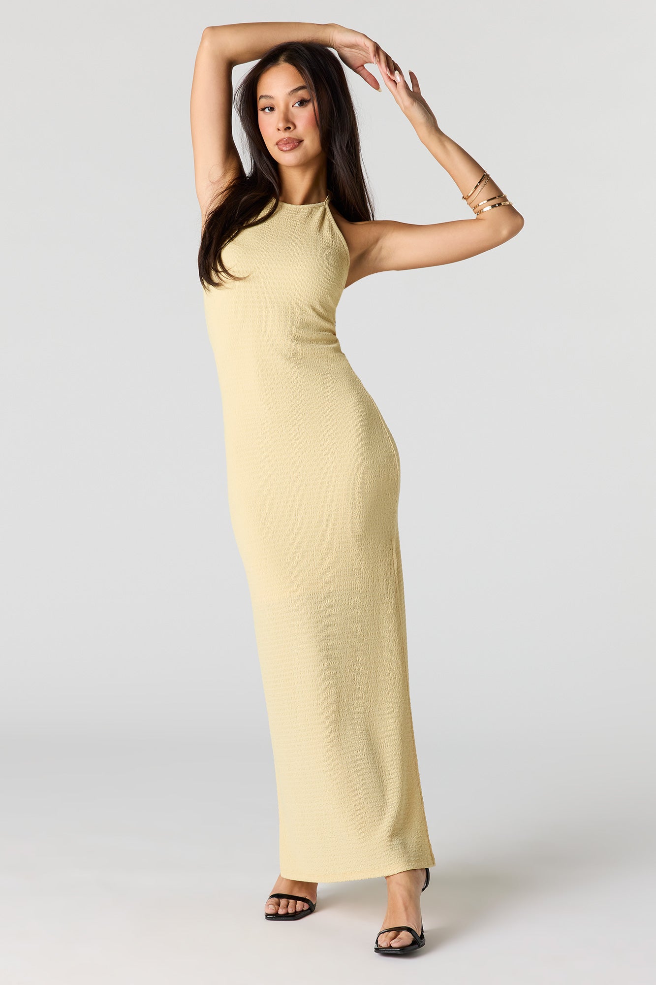 Textured Halter Slit Midi Dress