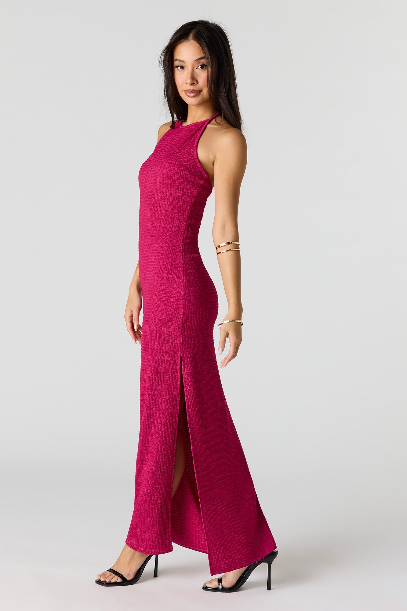 Textured Halter Slit Midi Dress