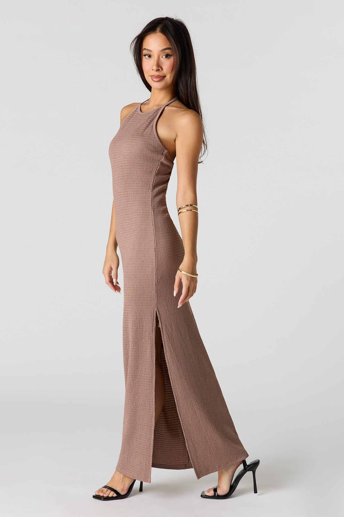 Textured Halter Slit Midi Dress