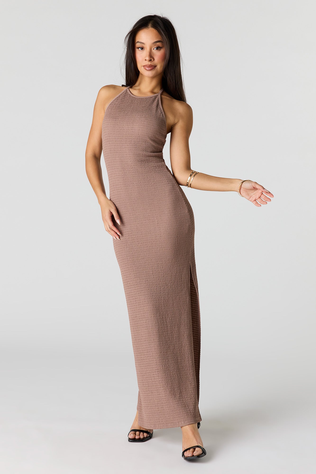 Textured Halter Slit Midi Dress