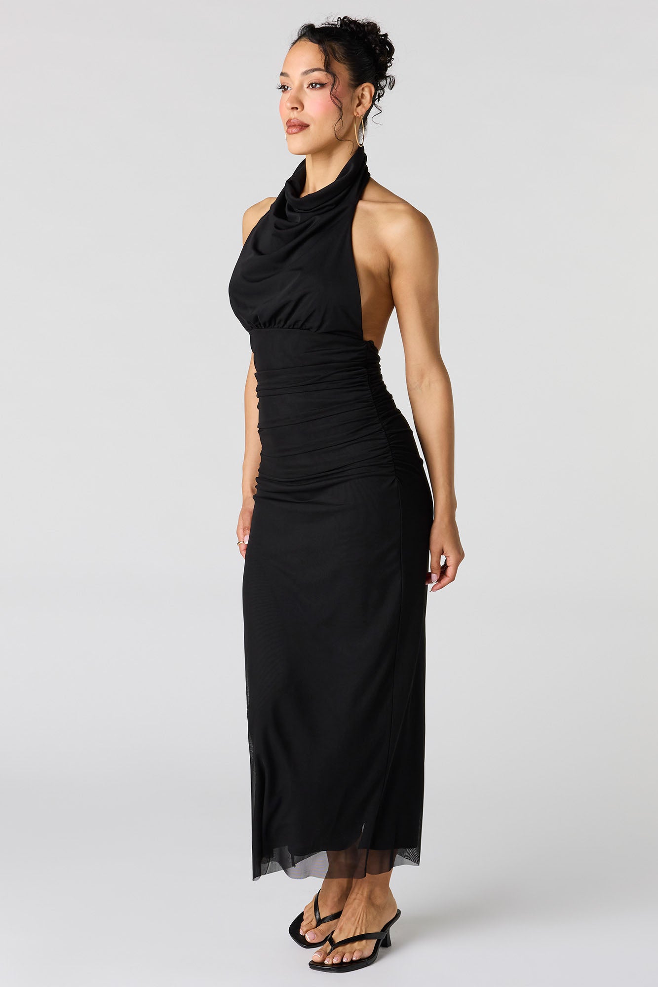 Mesh Cowl Neck Maxi Halter Dress